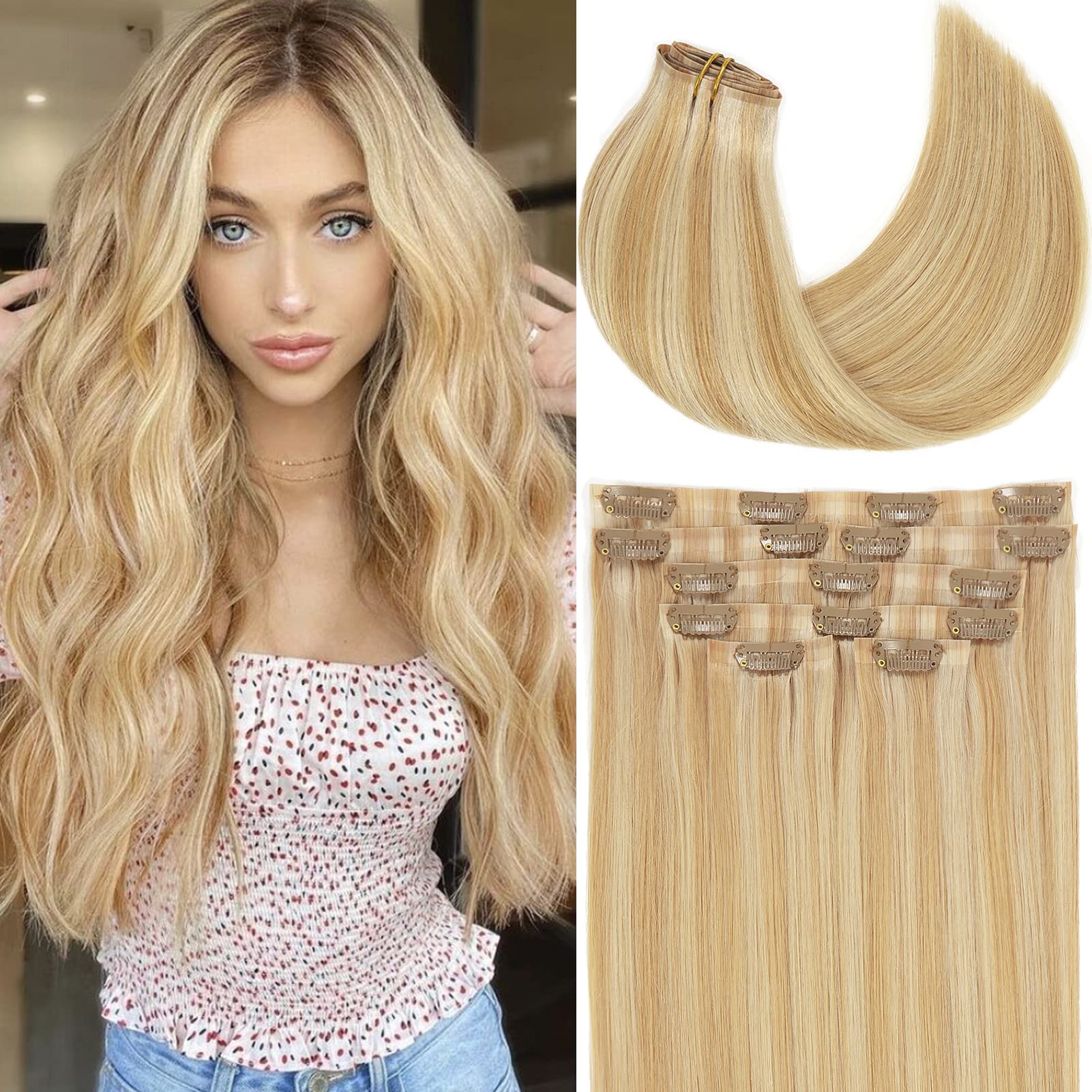 Clip in Hair Extensions 100% Remy Human Hair New Technology PU Weft Seamless Hair Extensions Natural Straight Light Golden Brown