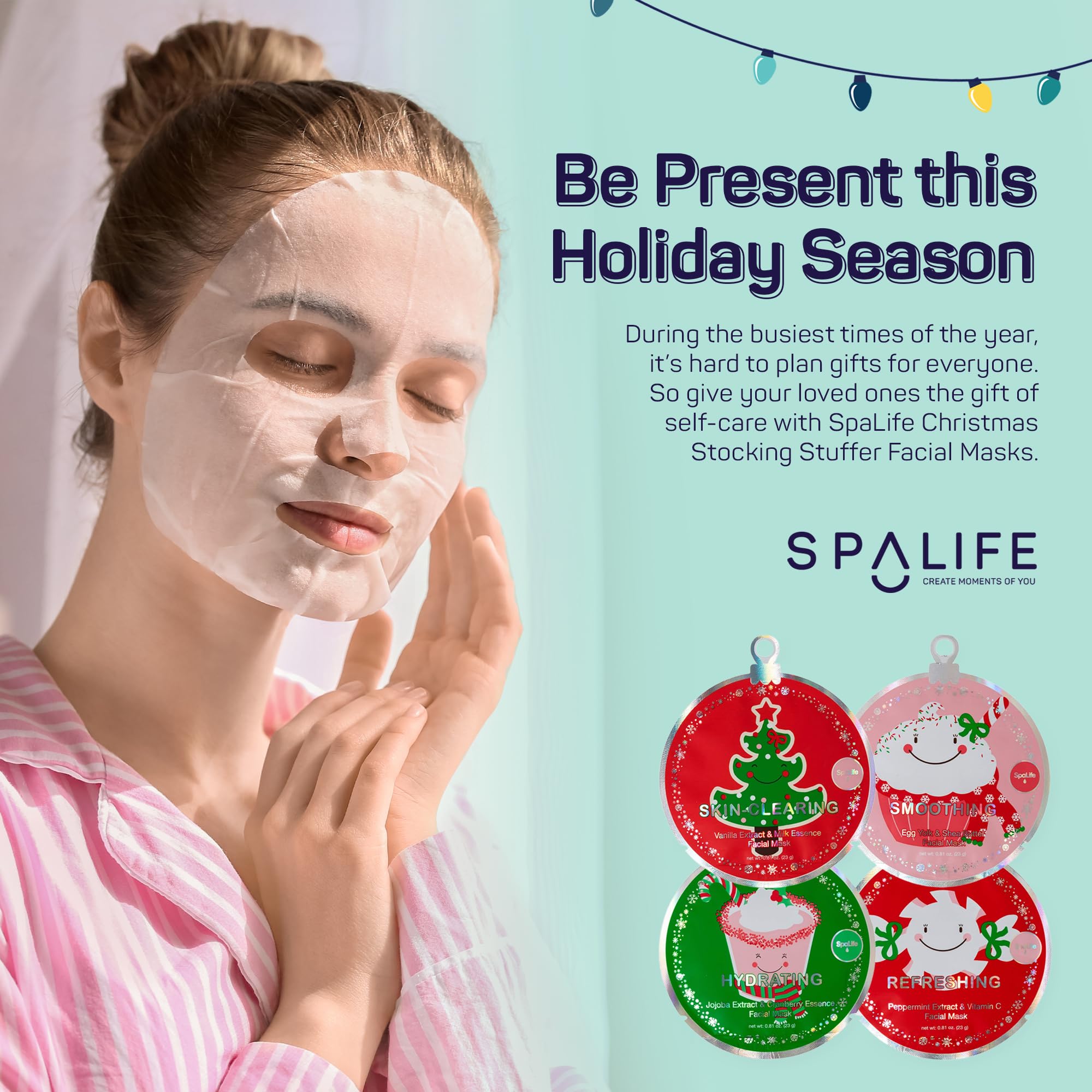Spalife Christmas Stocking Stuffer Facial Masks 12-Pack - Hydrating, Smoothing, And Refreshing Skin-Clearing Face Sheet Masks -