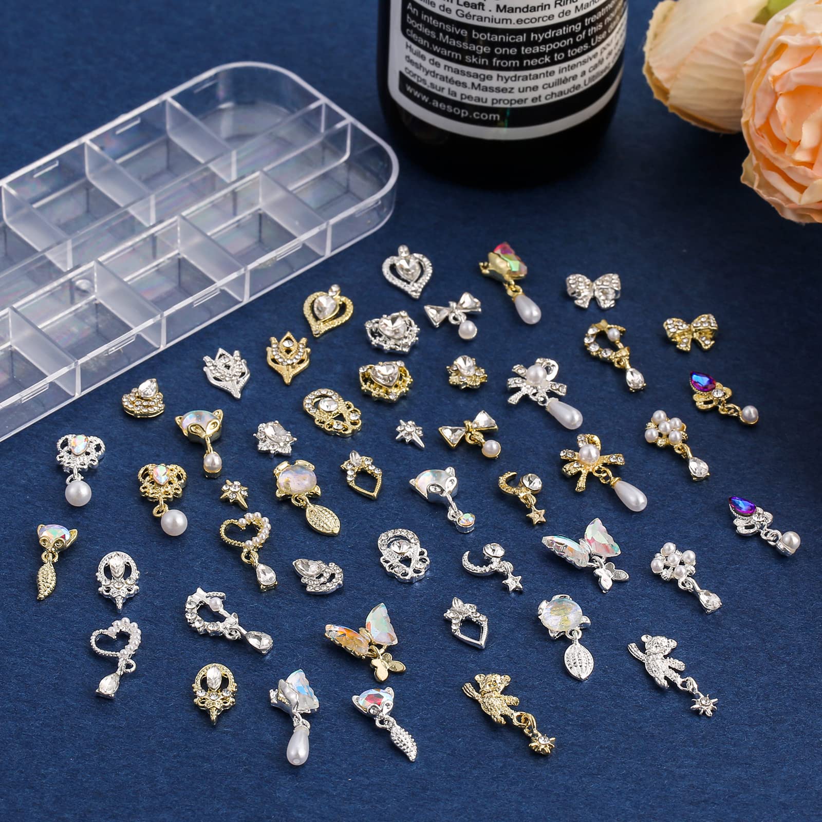 48 Pcs Dangle Nail Charms Luxury Rhinestones For Nails Heart Charms Gold Silver Nail Gems Crystal Metal Nail Diamonds Stones For
