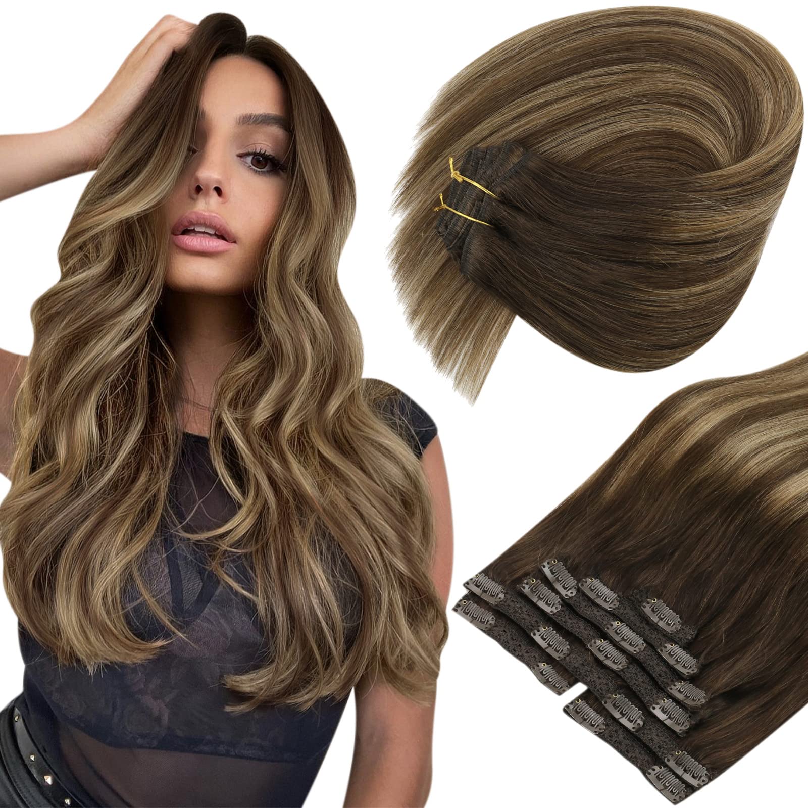 Sunny Balayage clip In Hair Extensions Dark Brown Ombre Blonde with Brown Highlights Human Hair clip In Extensions Balayage Brow