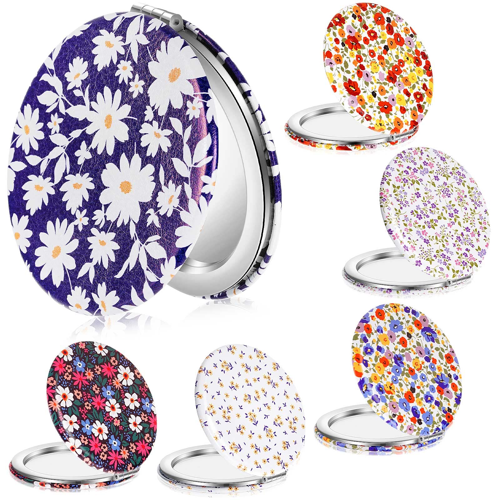Vicenpal 6 Pieces Daisy Pattern Pocket Mirrors for Women Floral Small Mini Compact Mirror for Purse Magnifying Travel Makeup Bag