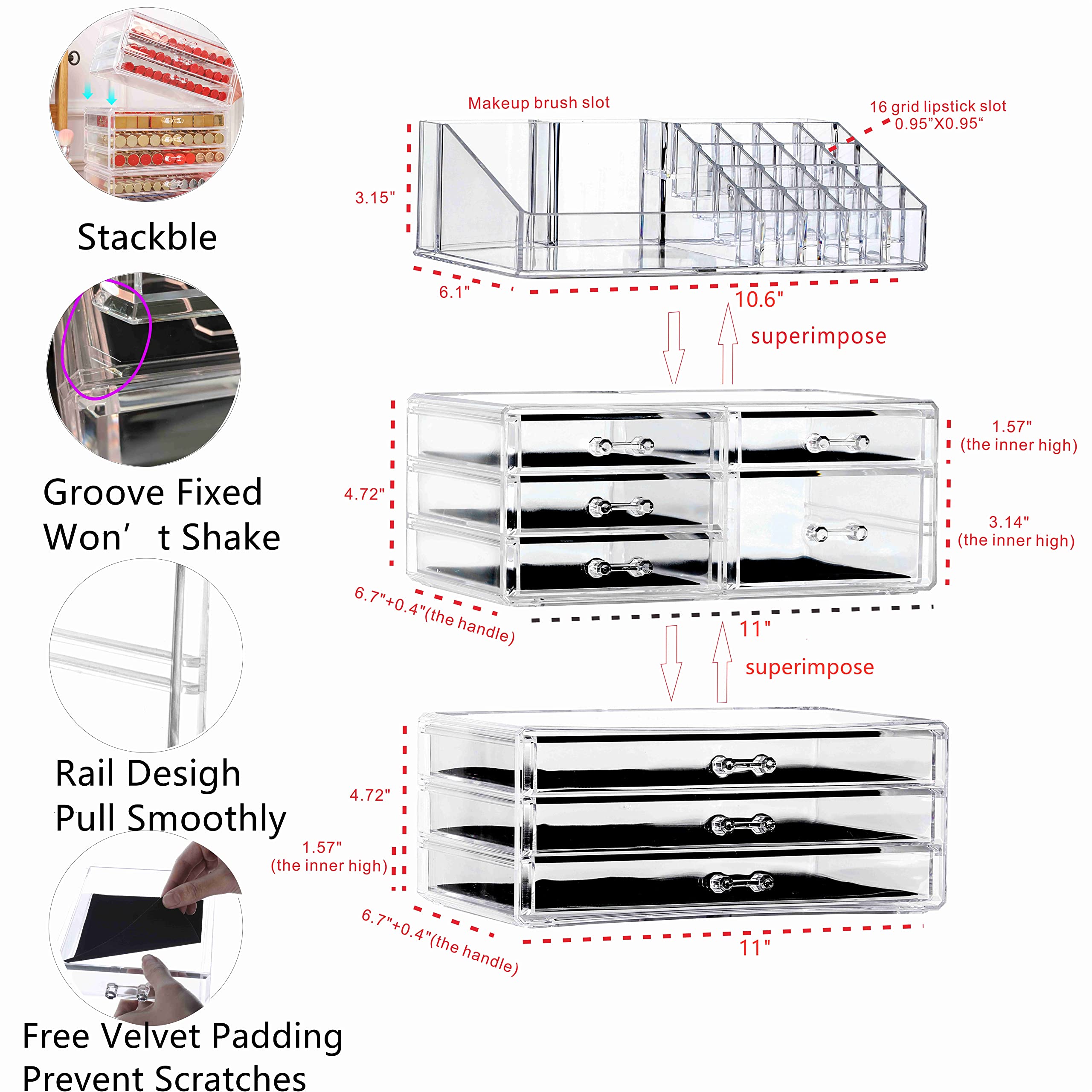 Cq Acrylic 3 Pack Clear Make Up Organizers For Vanity,Stackable 8 Drawers Make Up Organizer,Cute Desk Organizer For Vanity Jewel