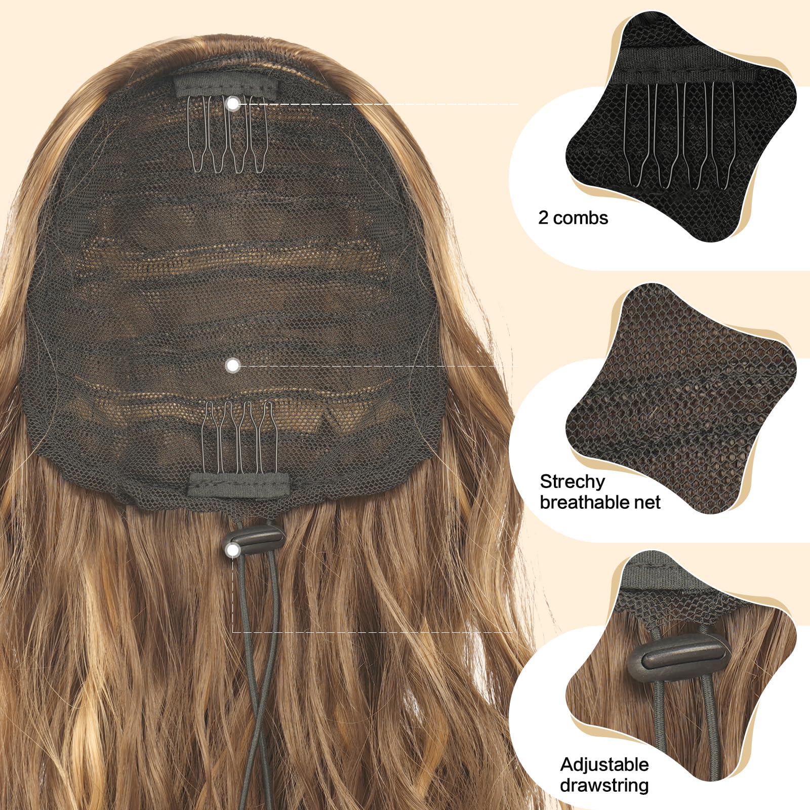Feshfen Ponytail Extensions, Drawstring Ponytails Hair Extension Golden Brown Mix Blonde Long Curly Wavy Hair Piece Synthetic Po