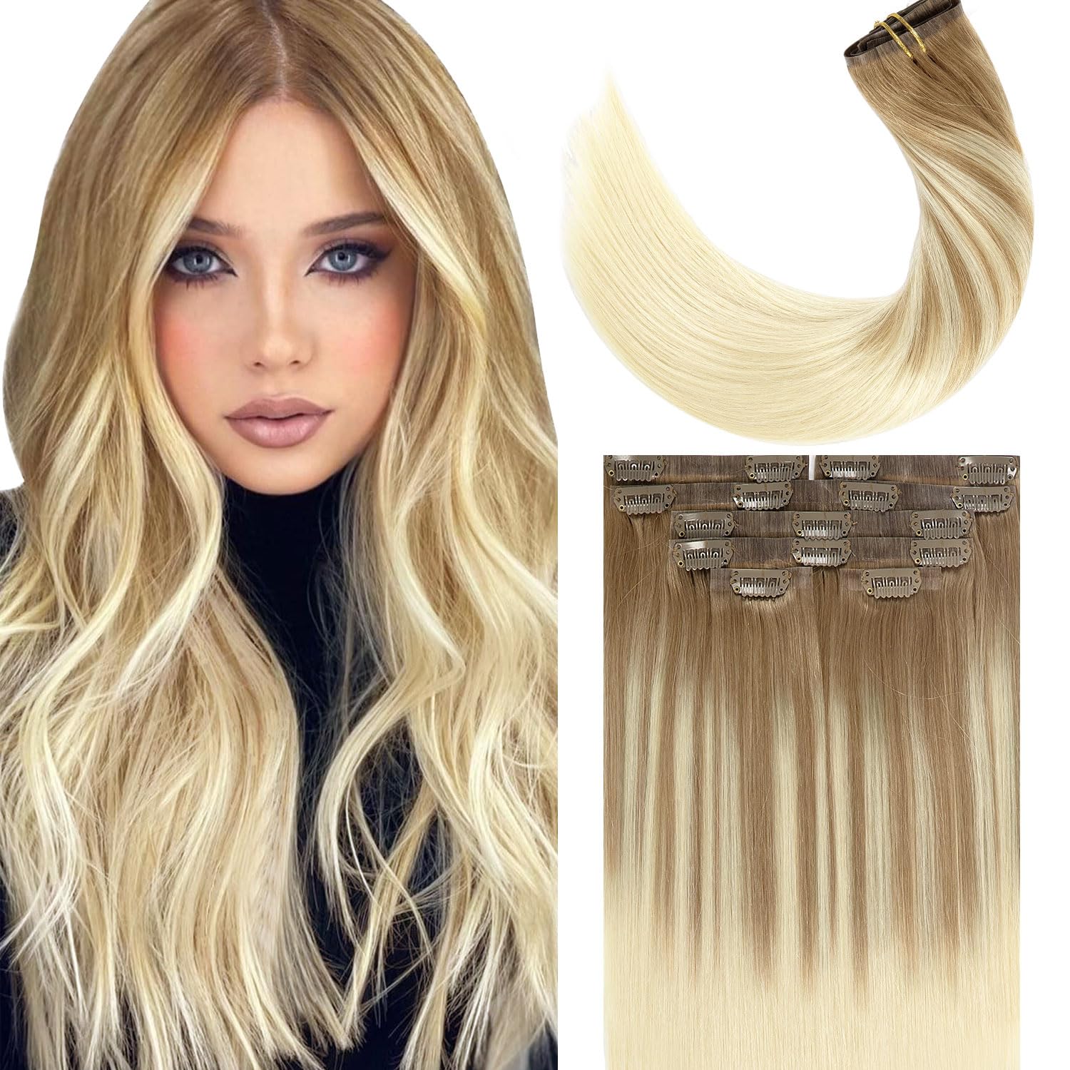 Lacer Hair Extensions Clip in Human Hair Ombre B#8/60 Light Brown Fading to Platinum Blonde Color Clip in Hair Extensions Human 