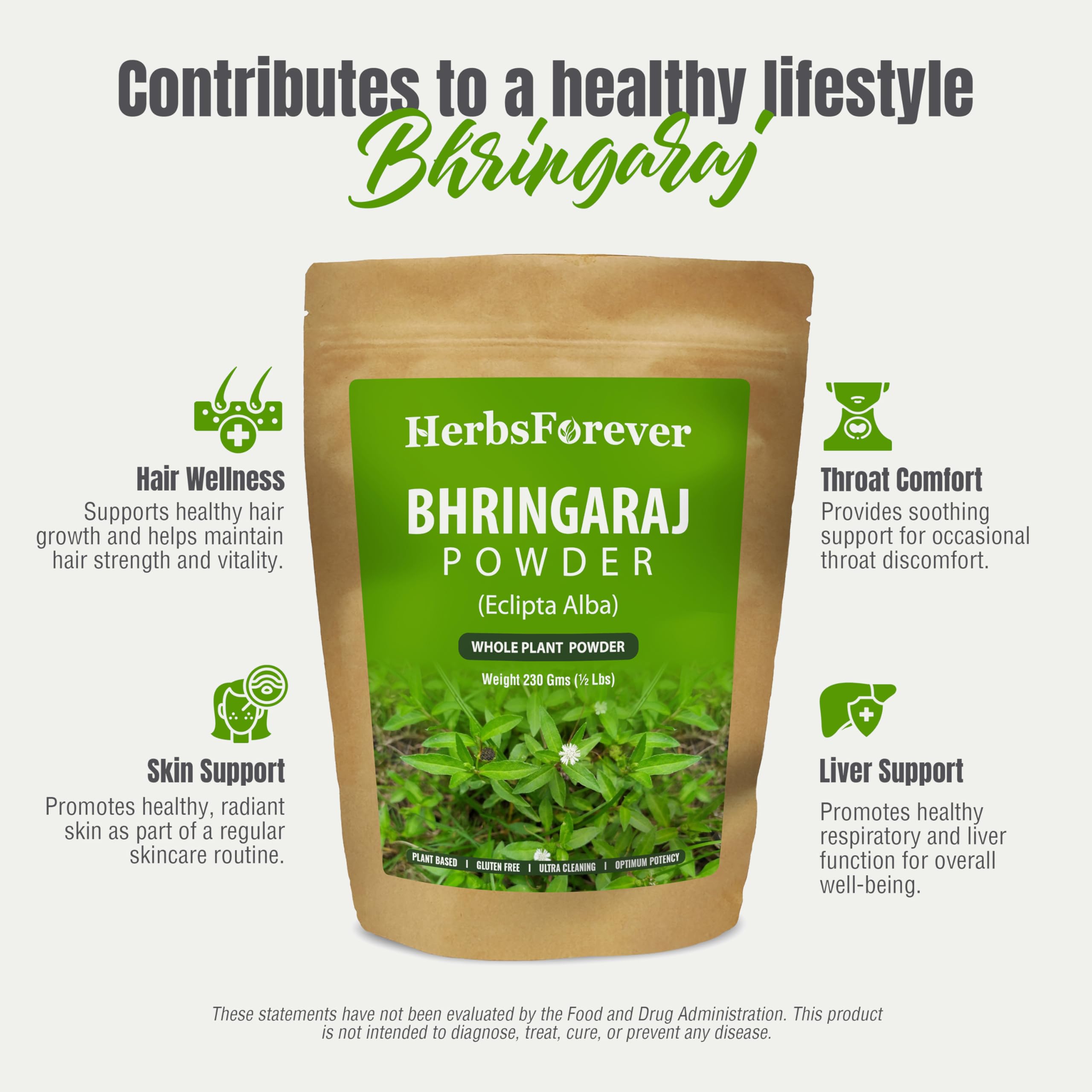 HerbsForever Bhringaraj Powder Eclipta Alba Hair Care Herb Natural Hair Conditioner Nourishes Hair Follicles Non GMO, Vegan 230