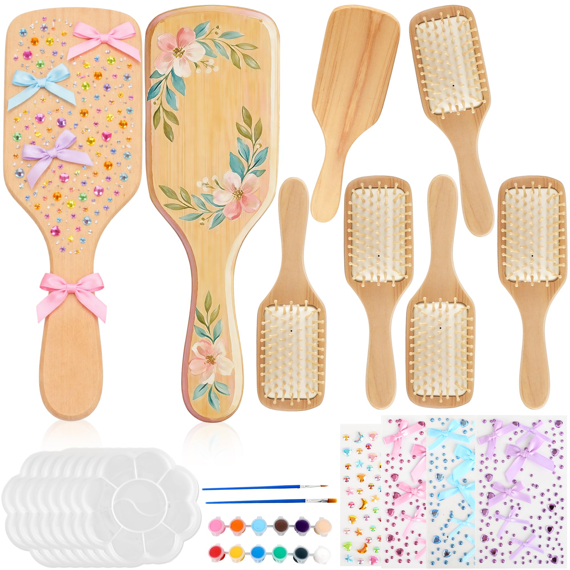 8 Sets DIY Wooden Hairbrush Painting Kits Natural Wood Paddle Brush Hand-Painted Hairbrush with Palette Stickers for Girls Arts 