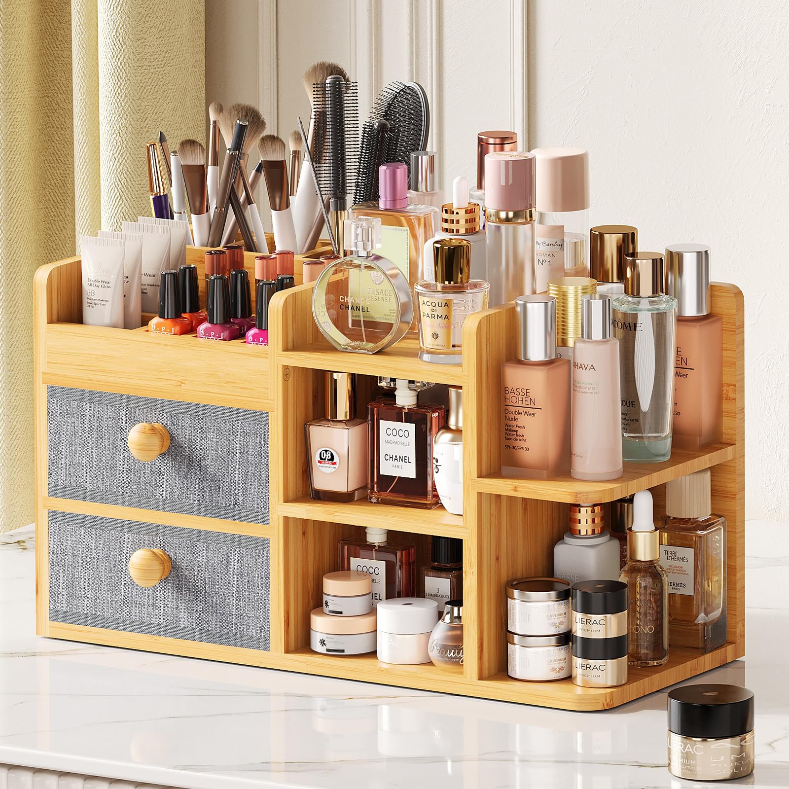 Large Makeup Organizer Countertop For Vanity Dresser, Bamboo Bathroom Counter Organizers And Storage,Cosmetic Skincare Perfume O