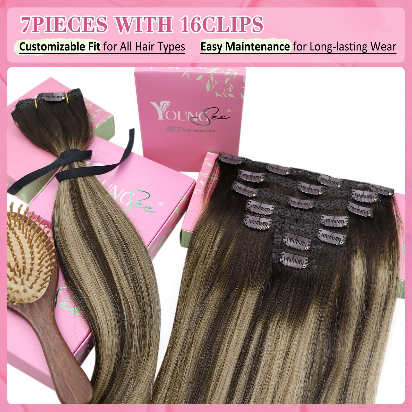 YoungSee Clip in Hair Extensions Human Hair Brown Balayage Hair Extensions Clip ins Chocolate Brown with Ash Blonde Balayage Sof