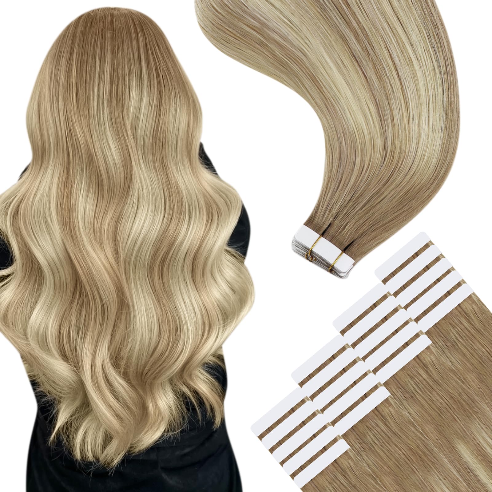 YoungSee Tape in Hair Extensions Human Hair Balayage Tape ins Human Hair Extensions Golden Brown Ombre Platinum Blonde Real Huma