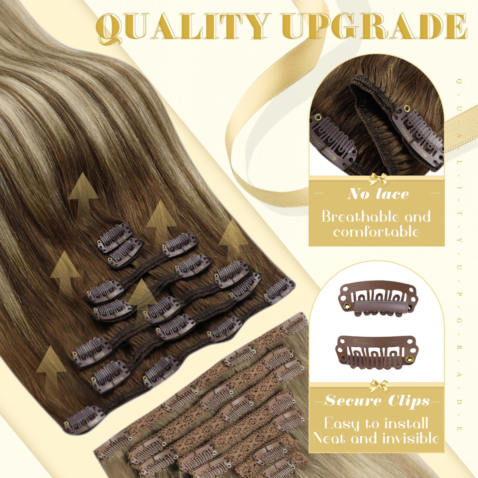 Ve Sunny Balayage Clip in Hair Extensions Real Human Hair Brown Blonde Clip in Extensions Balayage Chestnut Brown with Blonde Om