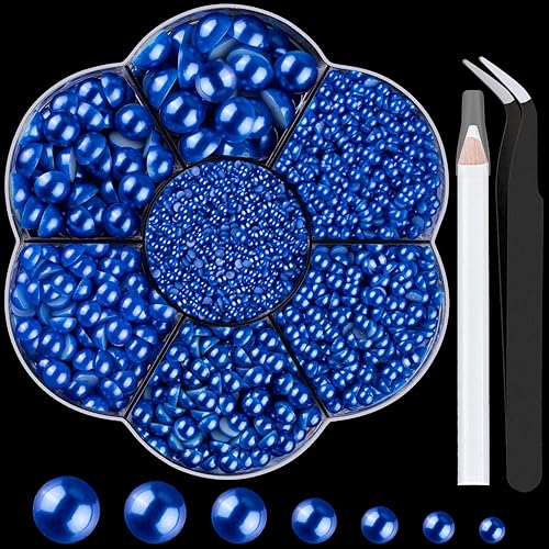 Nail Art Flat Back Half Round Pearl Kits 13, 1 Box of 5600 Pcs Flat-Back Royal Blue Pearl with Tweezer and Picker Pencil for Hom