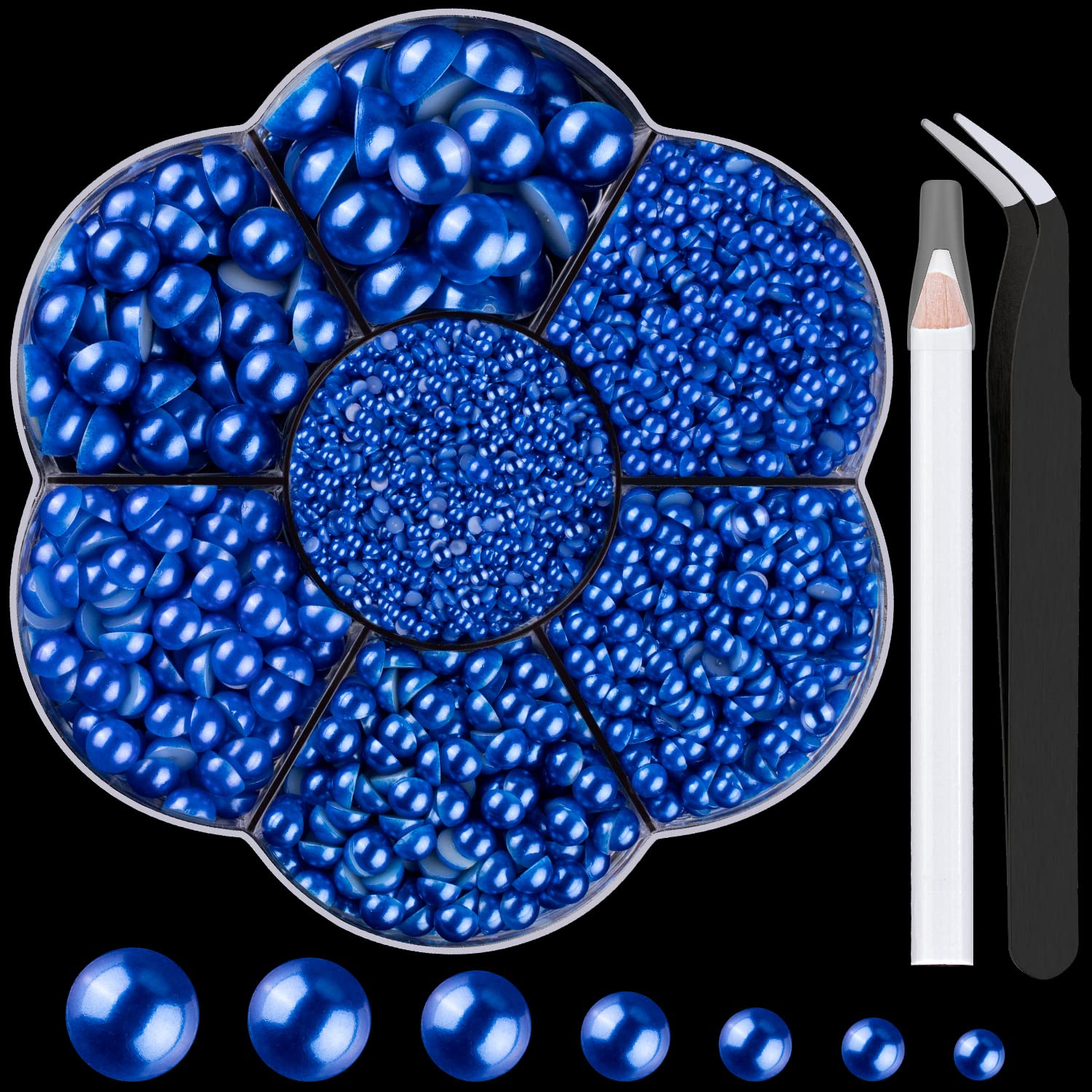 Nail Art Flat Back Half Round Pearl Kits 13, 1 Box of 5600 Pcs Flat-Back Royal Blue Pearl with Tweezer and Picker Pencil for Hom