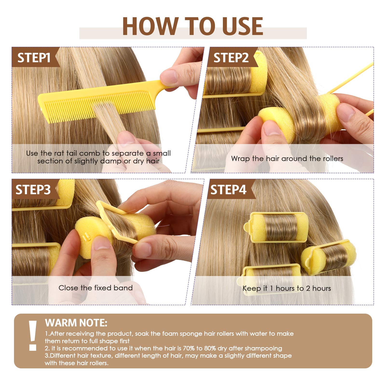 48 Pieces Foam Sponge Hair Rollers, Soft Sleeping Hair Curler Flexible Hair Styling Sponge Curler, and Stainless Steel Rat Tail