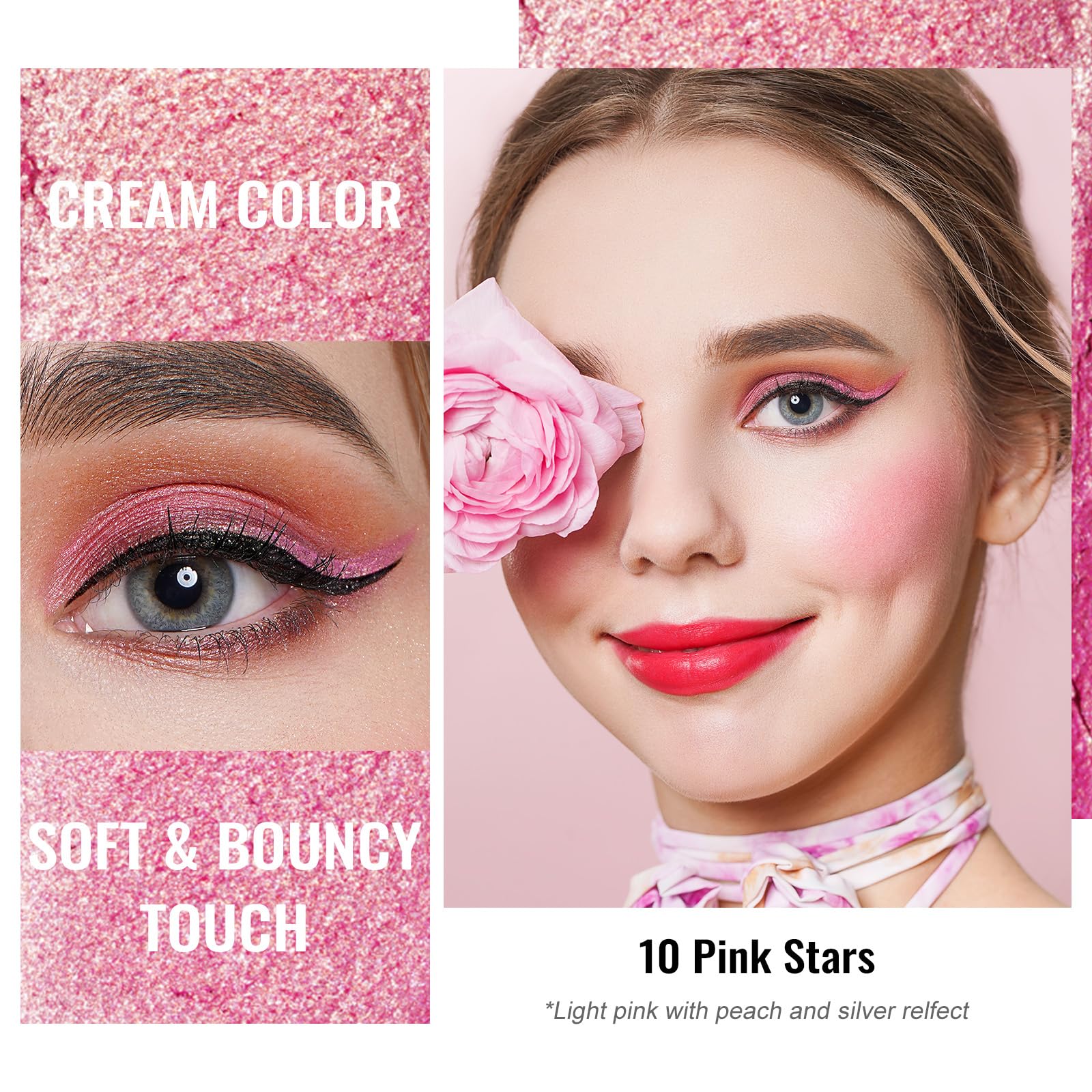 Oulac Pink Eyeshadow Glitter Eyeshadow Highly Pigmented Waterproof & Long Lasting Crease-Free Moisturizing Smooth Formula, Shimm