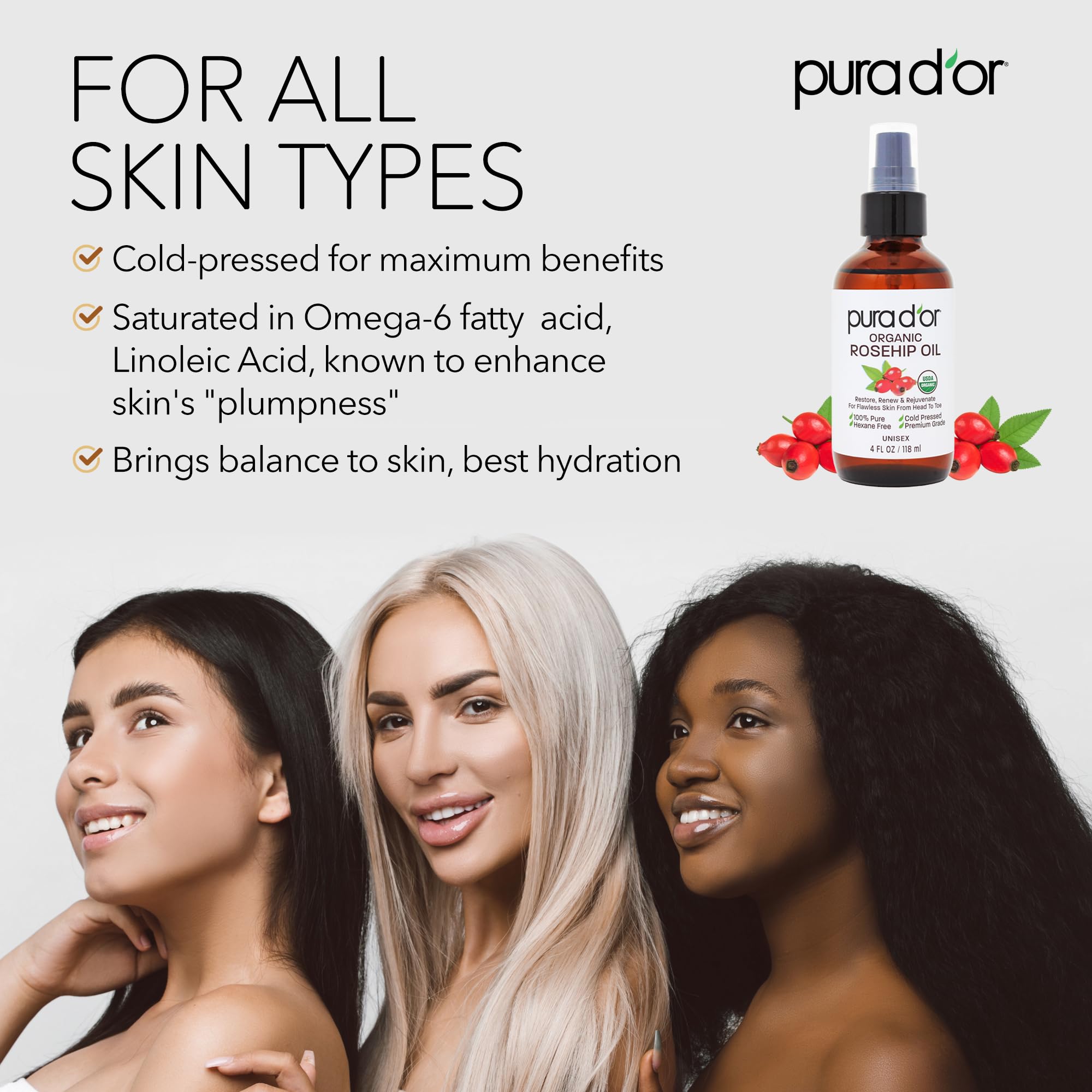 Pura D'Or 4 Oz Organic Rosehip Seed Oil 100% Pure Cold Pressed Usda Certified All Natural Moisturizer For Anti-Aging, Acne Scar