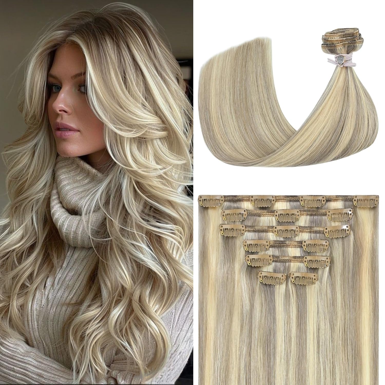 Blonde Extensions Clip in Real Human Hair 70G Light Ash Blonde Human Hair Clip in Extensions 7pcs 16clips One Pack (12 Inch #18P