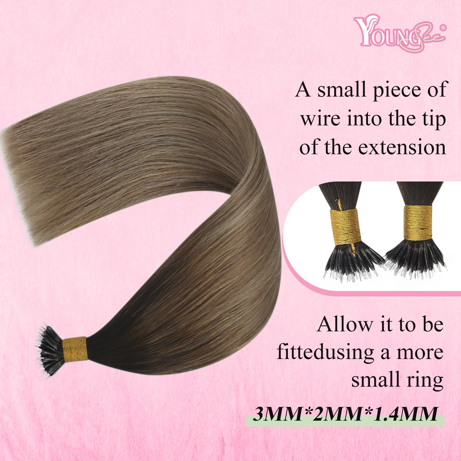 YoungSee Remy Ring Hair Extensions Balayage Dark Brown with Blonde Beads - Human Hair 24 Nano Link Extensions 1g/s 50g