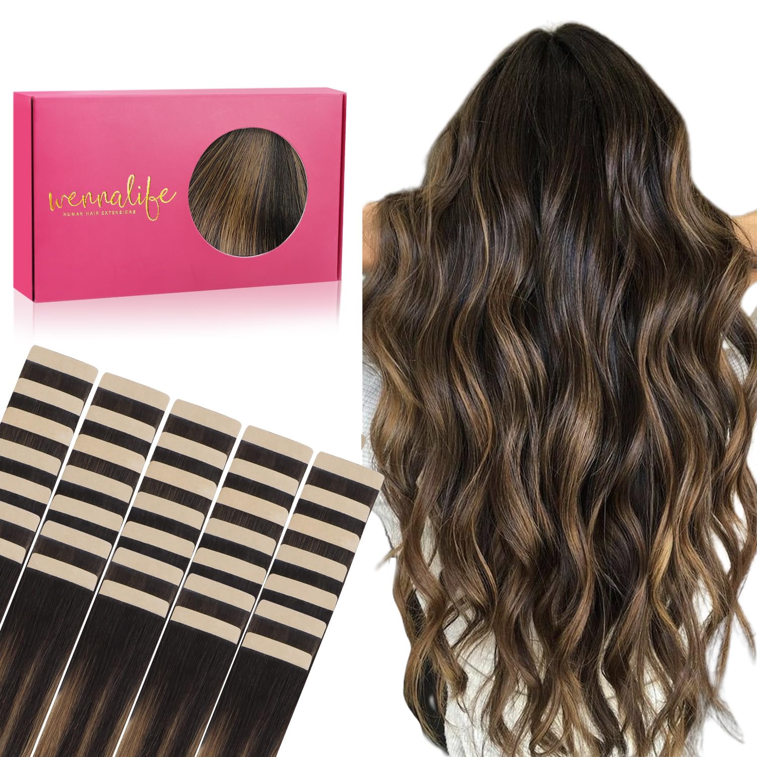 Wennalife Tape In Hair Extensions Human Hair, 40Pcs 80G 12 Inch Balayage Natural Black To Chestnut Brown Hair Extensions Real Hu