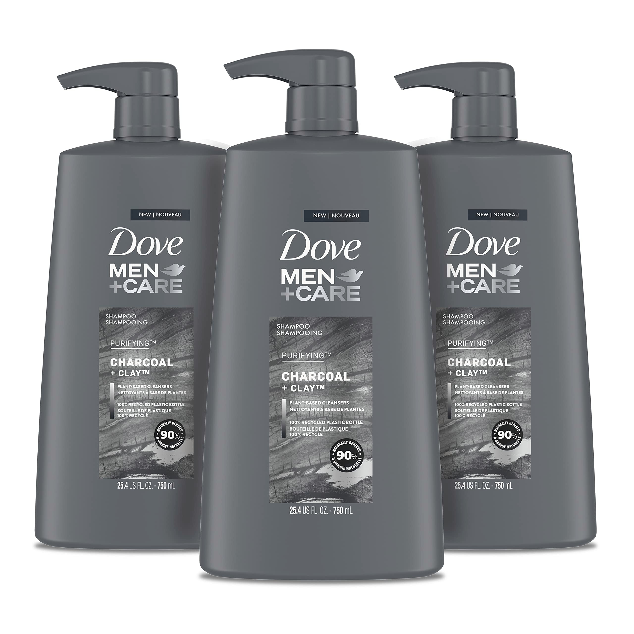 Dove Men + Care Shampoo Charcoal + Clay 3 Count For Healthy-Looking Hair Naturally Derived Plant Based Cleansers 25.4 Oz