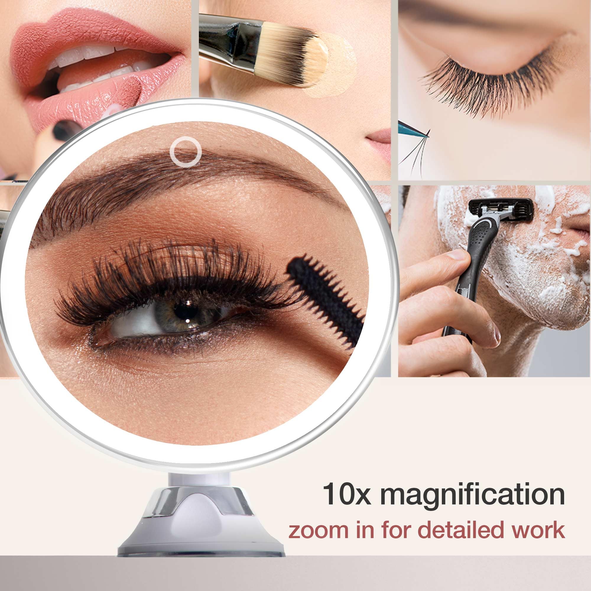 Fancii 10X Magnifying Makeup Mirror - 8" Lighted Travel Vanity Mirror, Chrome, 40 Dimmable LEDs, 12H Battery Life, Model FC-RLMMM10