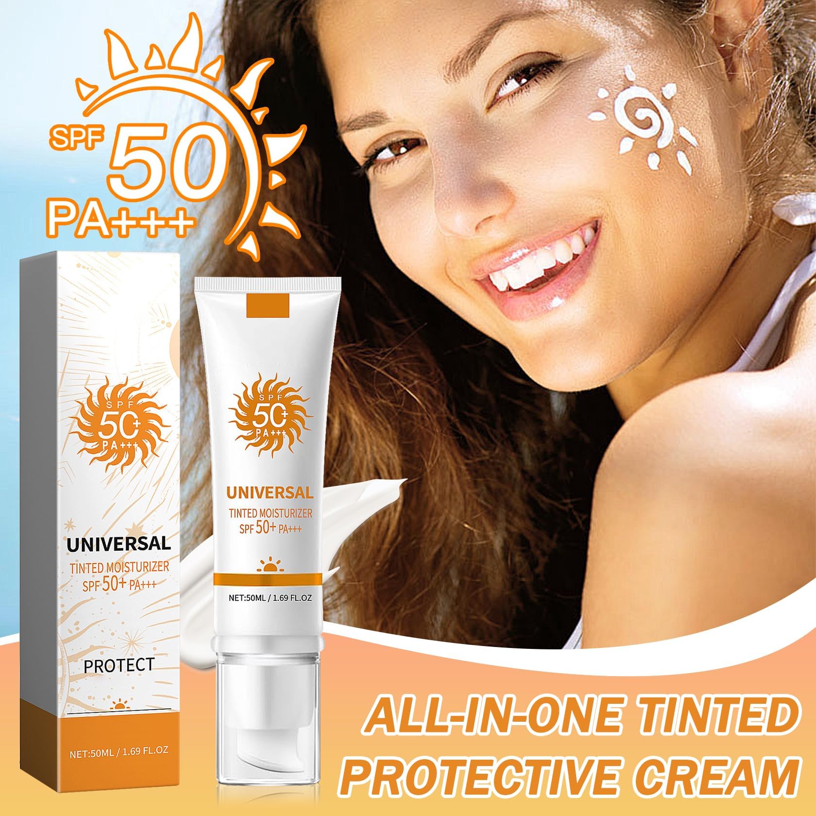 2Pcs Face Sunscreen Cream SPF 50+ PA+++,Moisturizing Sunscreen for Face,Long Lasting Refreshing Tinted Facial Moisturizer Sunblo