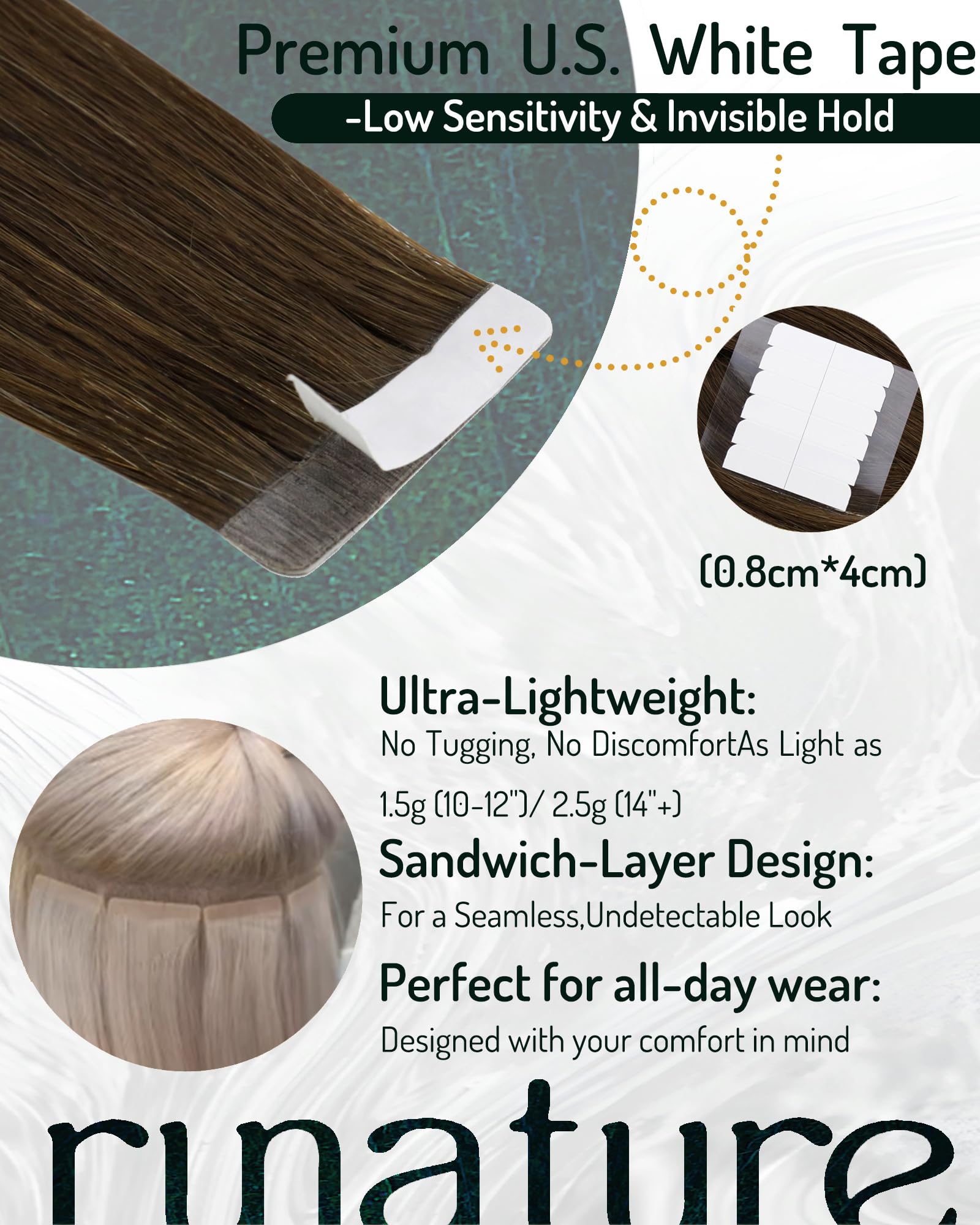 RUNATURE Brown Human Hair Tape in Extensions 14 Inch Brazilian Straight Tape in Remy Hair Extensions Skin Weft Glue in Extension