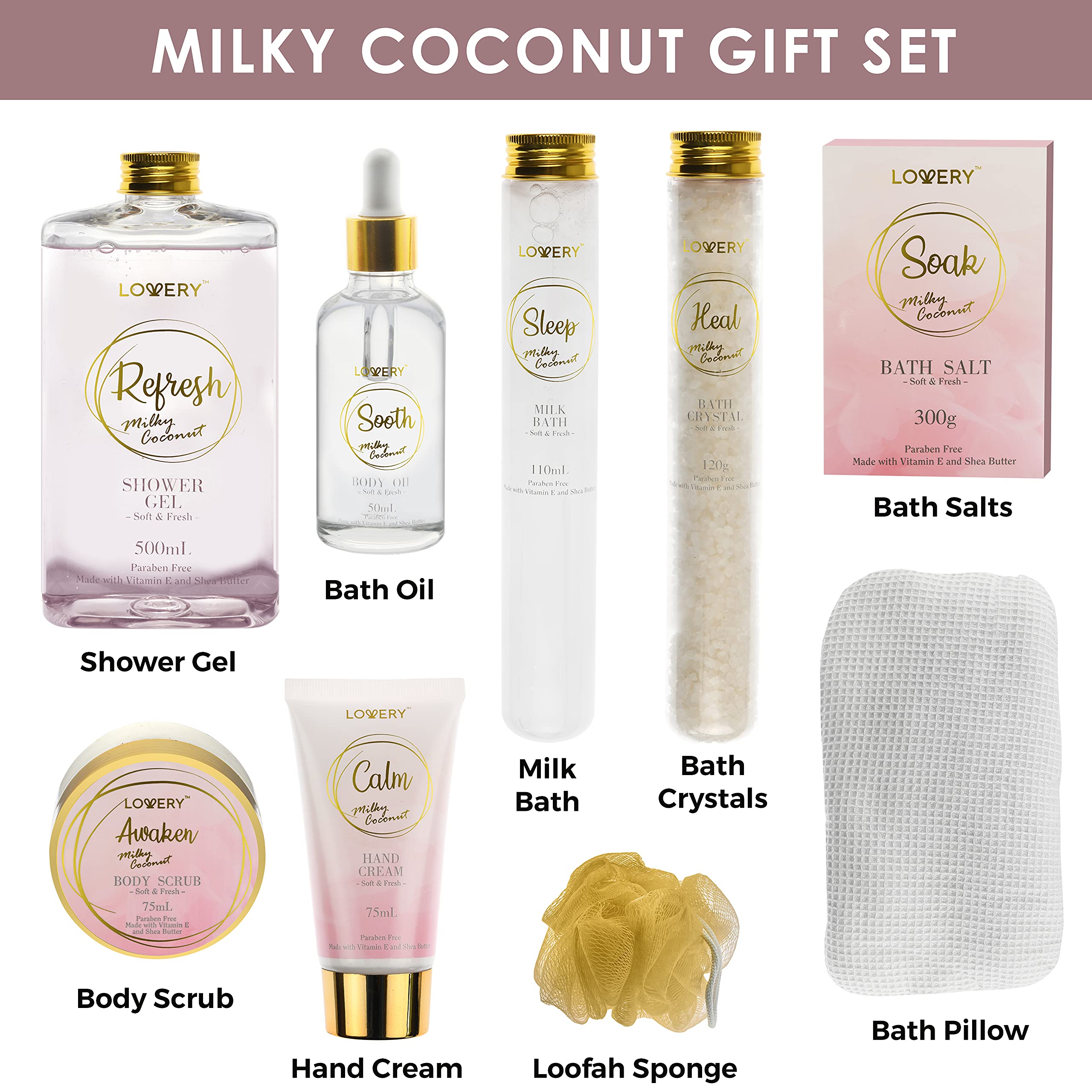 Luxury Bath Gift Set - Home Spa Gift Basket With Milky Coconut Scent, Vitamin E & Shea Butter With Shower Gel, Bath Salt & Cryst