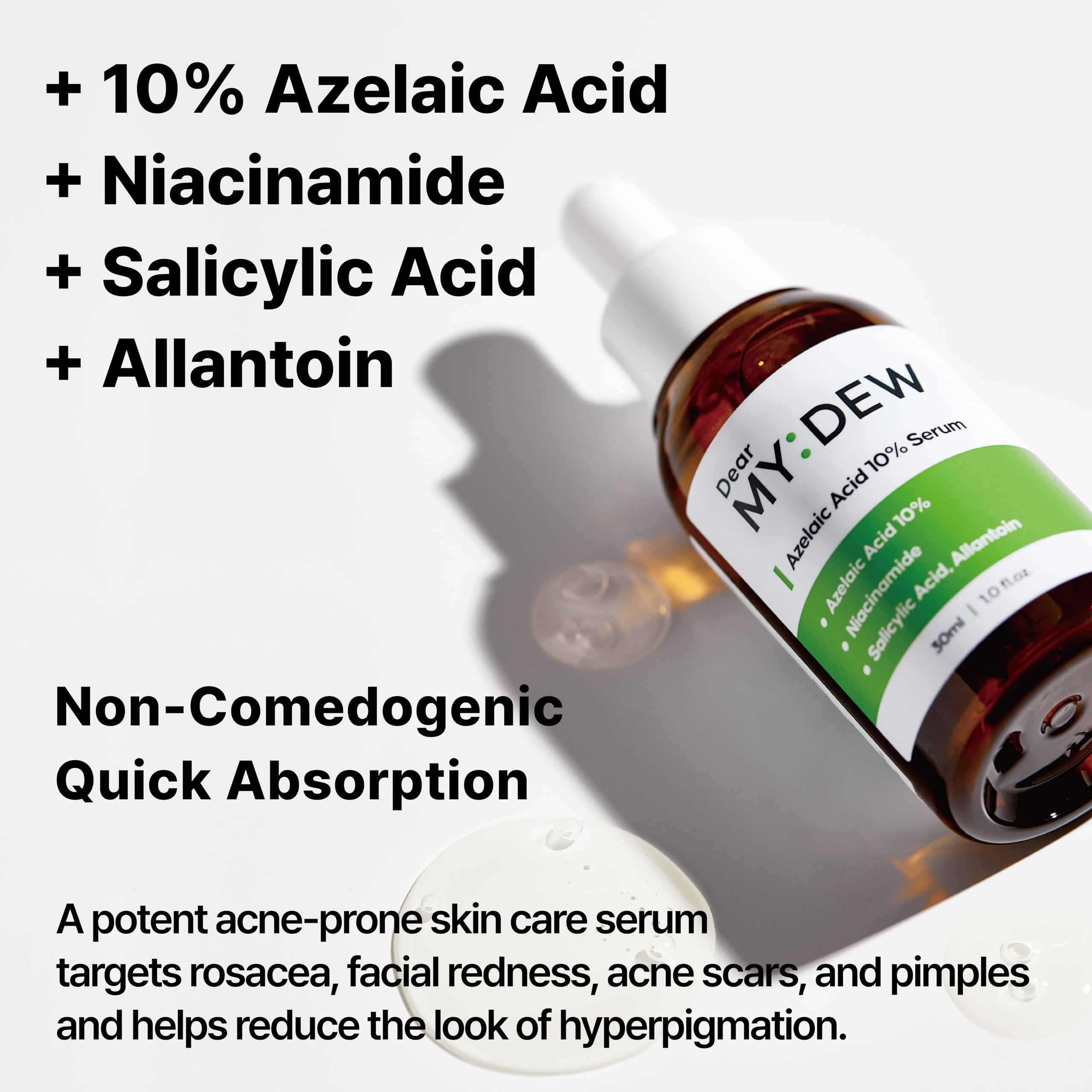 DearMYDEW 10% Azelaic Acid Serum, Niacinamide & Salicylic Acid, 1 Fl Oz - Rosacea Treatment, Cystic Acne Scar & Redness Relief