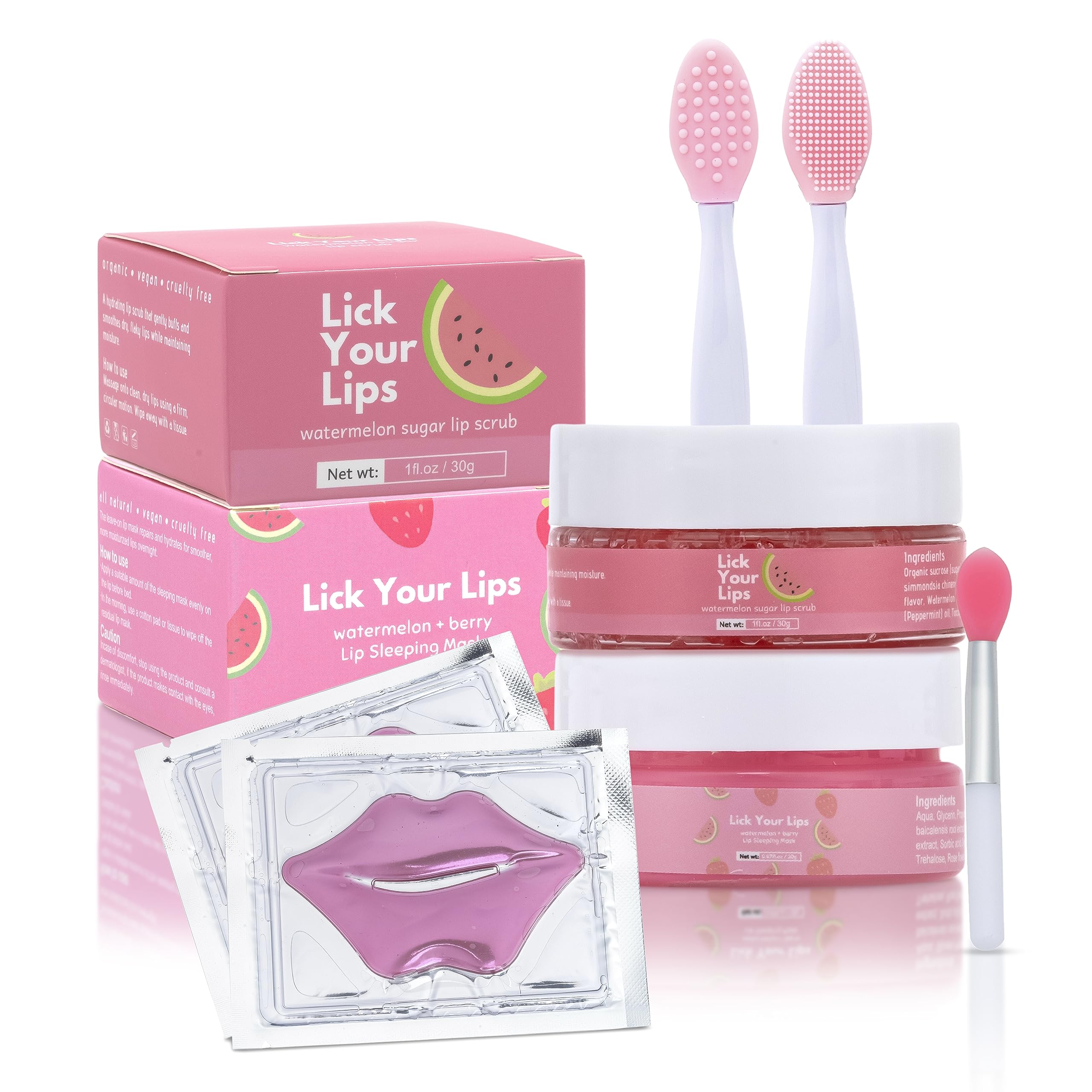 Lick Your Lips 6-In-1 Lip Care Kit With Lip Sleeping Mask, Silicone Brush, Sugar Scrub, Sheet Mask To Reveal Luscious, Soft Lips