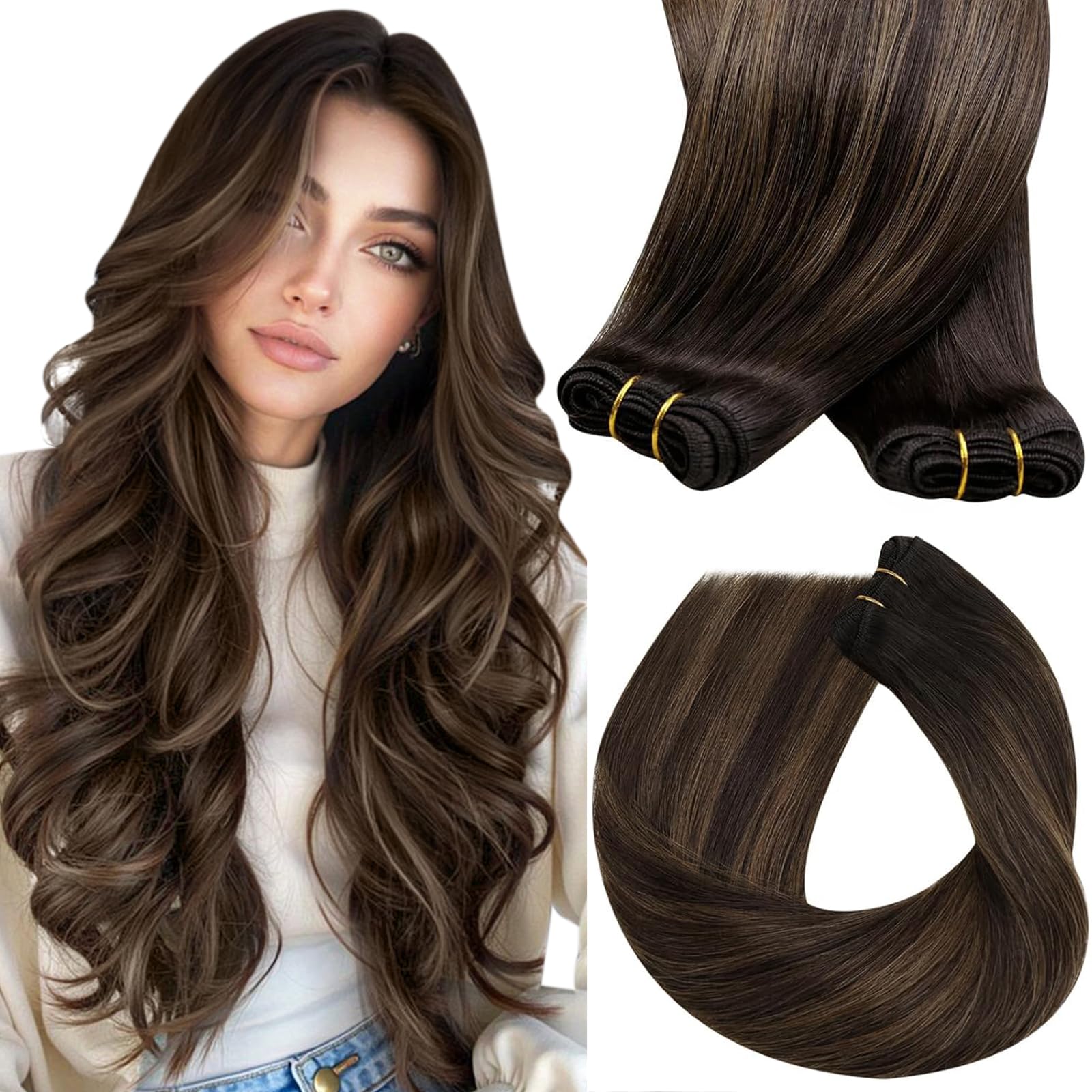 Sunny Hair Weft Hair Extensions Human Hair Brown Sew in Hair Extensions Real Human Hair Ombre Dark Brown Roots Medium Brown Bala