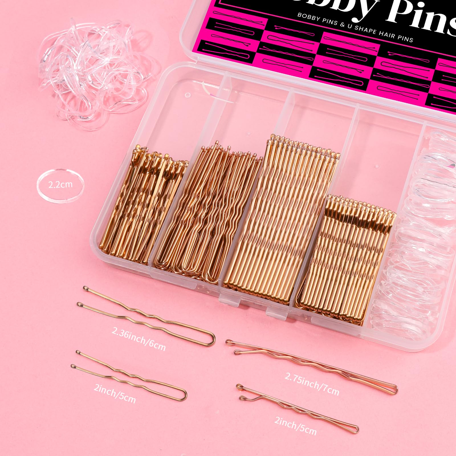 Teenitor 300pcs Bobby Pins Rose Gold Hair, 100 Bobby Pins 100 Hair Pins for Women 100 Hair Bands Kit, Hair Pins for Buns 2  2.36