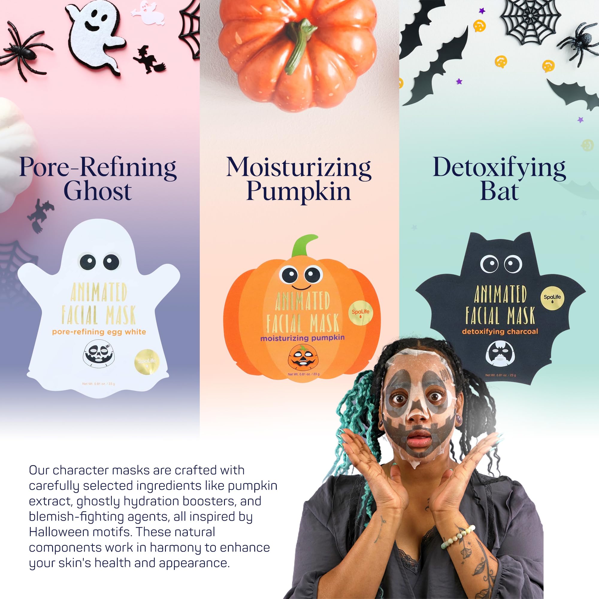 SpaLife Halloween Facial Mask Sheet Bundle - Pumpkin, Ghost, Bat - 9 Count Moisturizing Face Masks for Skin Care and Beauty