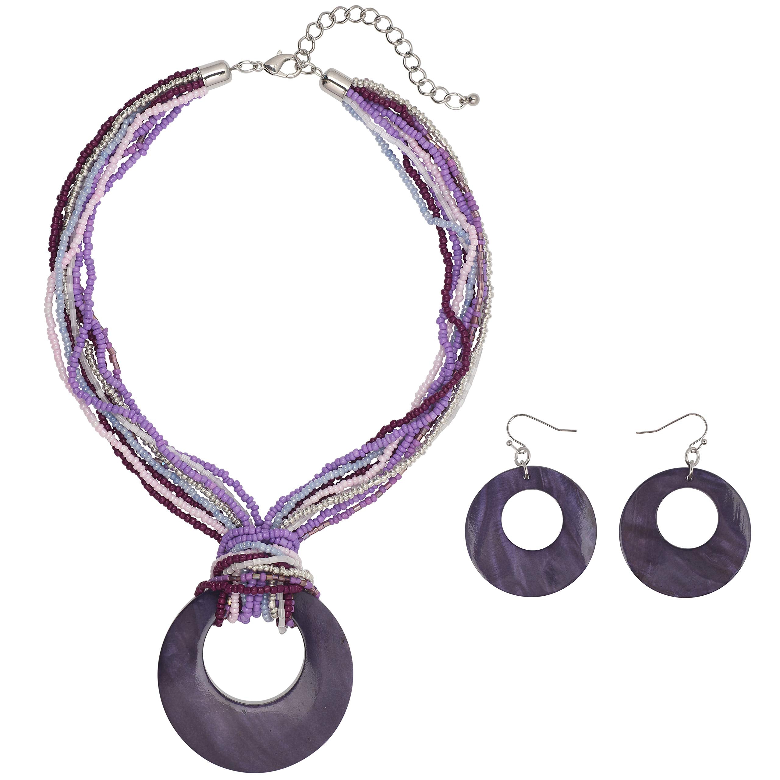 Coiris Multi Strand Statement Colorful Beaded Necklace Earrings Set with Big Circle Shell Pendant for Women (N0055-Loganbery)