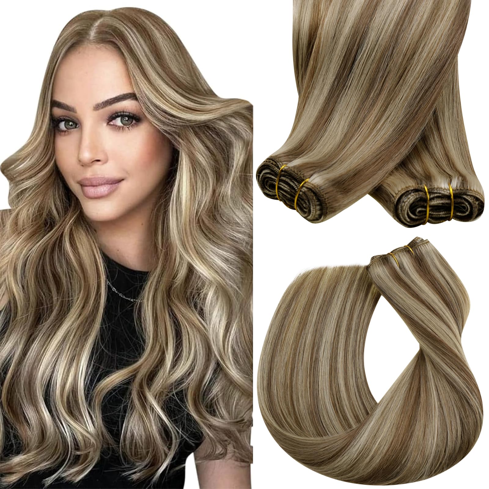 Sunny Hair Sew in Hair Extensions Real Human Hair Highlights Human Hair Weft Extensions Light Brown with Blonde Highlights Sew i