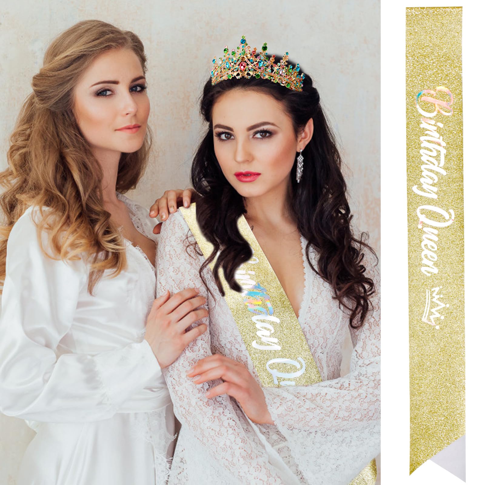 Velscrun Birthday Queen Tiara Crowns For Women Girls Colourful Crystal Birthday Queen Headband Sash Elegant Princess Crown Happy