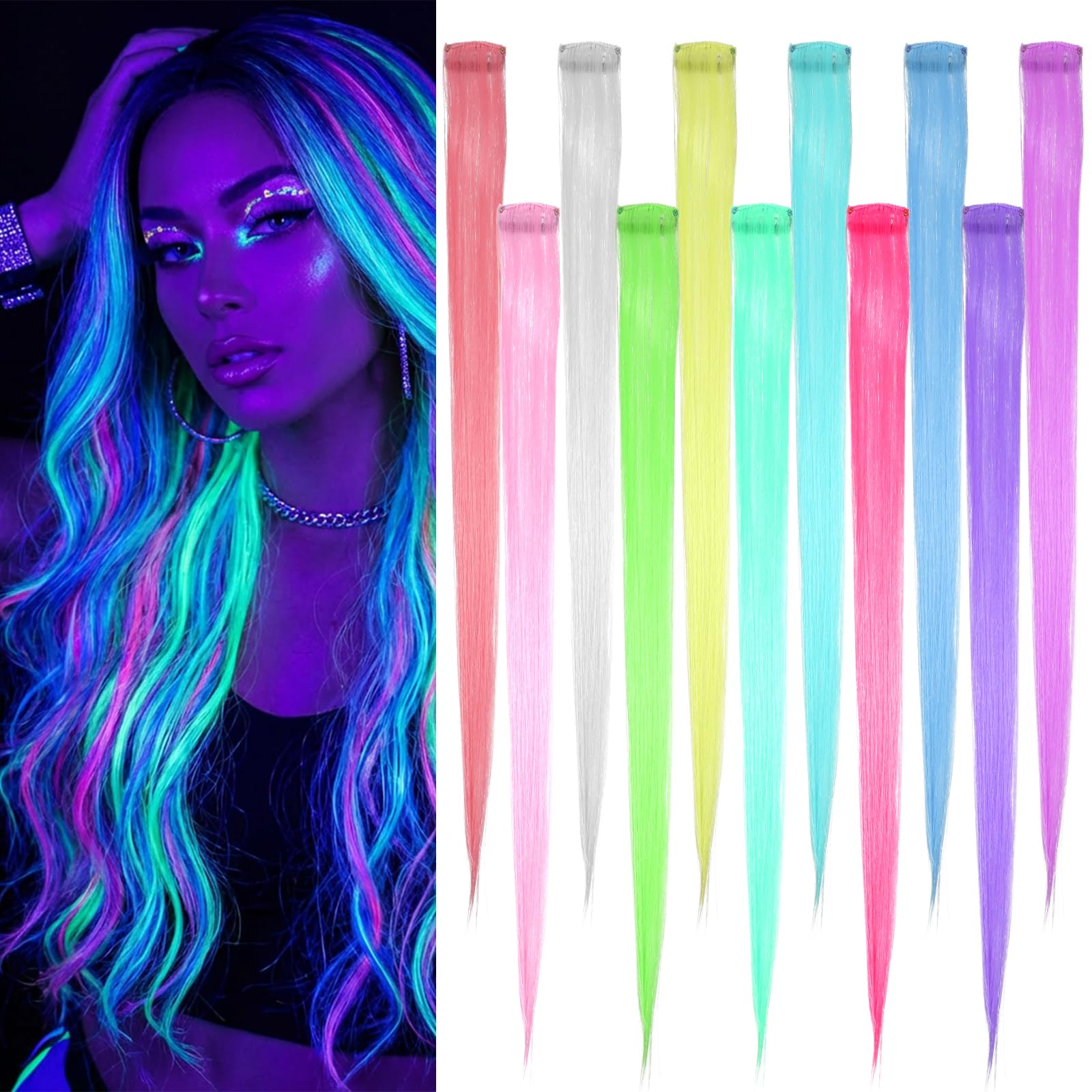 11 PCS Glow In The Dark Hair Accessories, Neon Hair Extensions, Colored Clip In HairExtension Multi Colored RainbowHair Extens