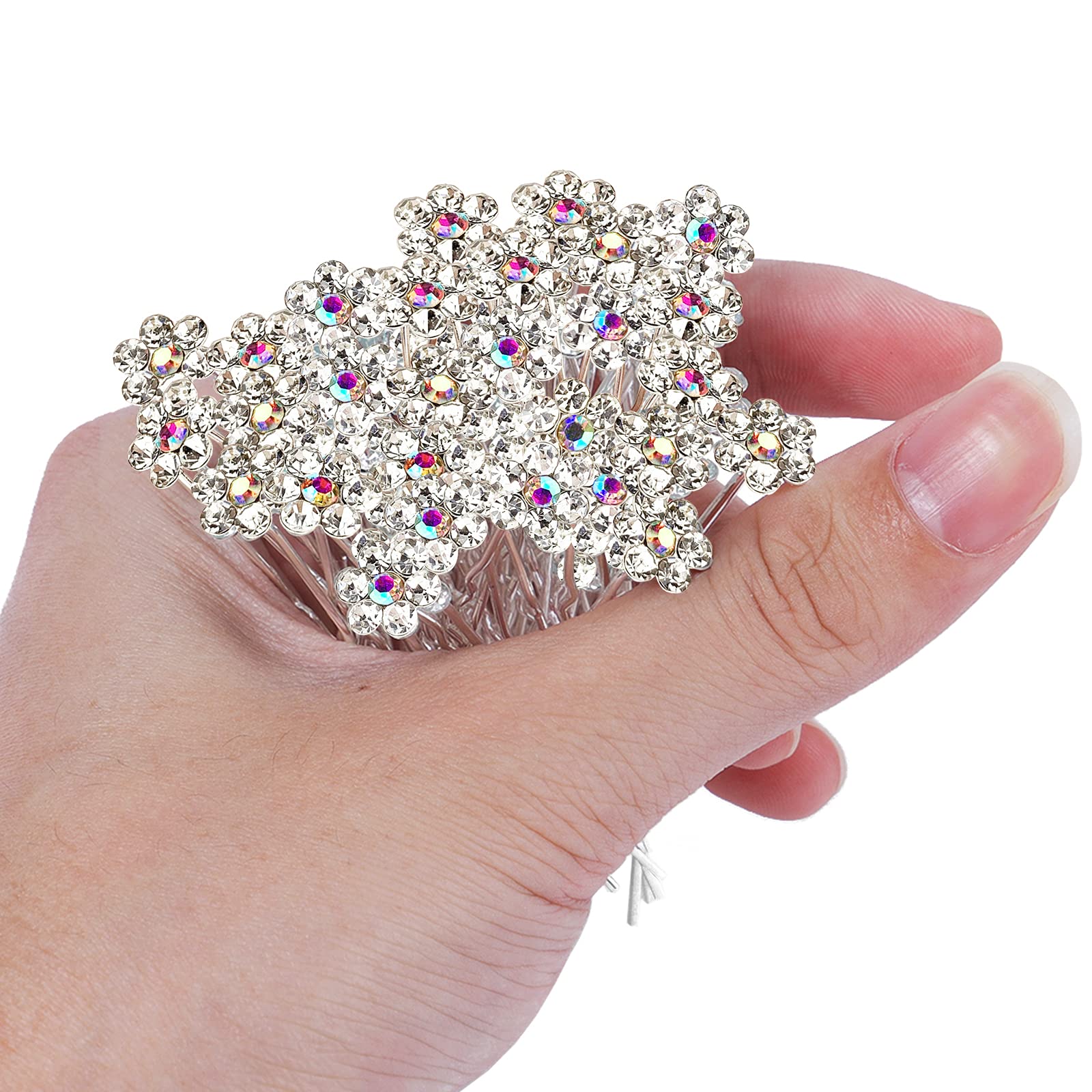Betiteto Rhinestone Flower Hair Pins, 40 Pcs U-Shaped Crystal Party Wedding Bridal Hair Accessories For Women Girls (White)