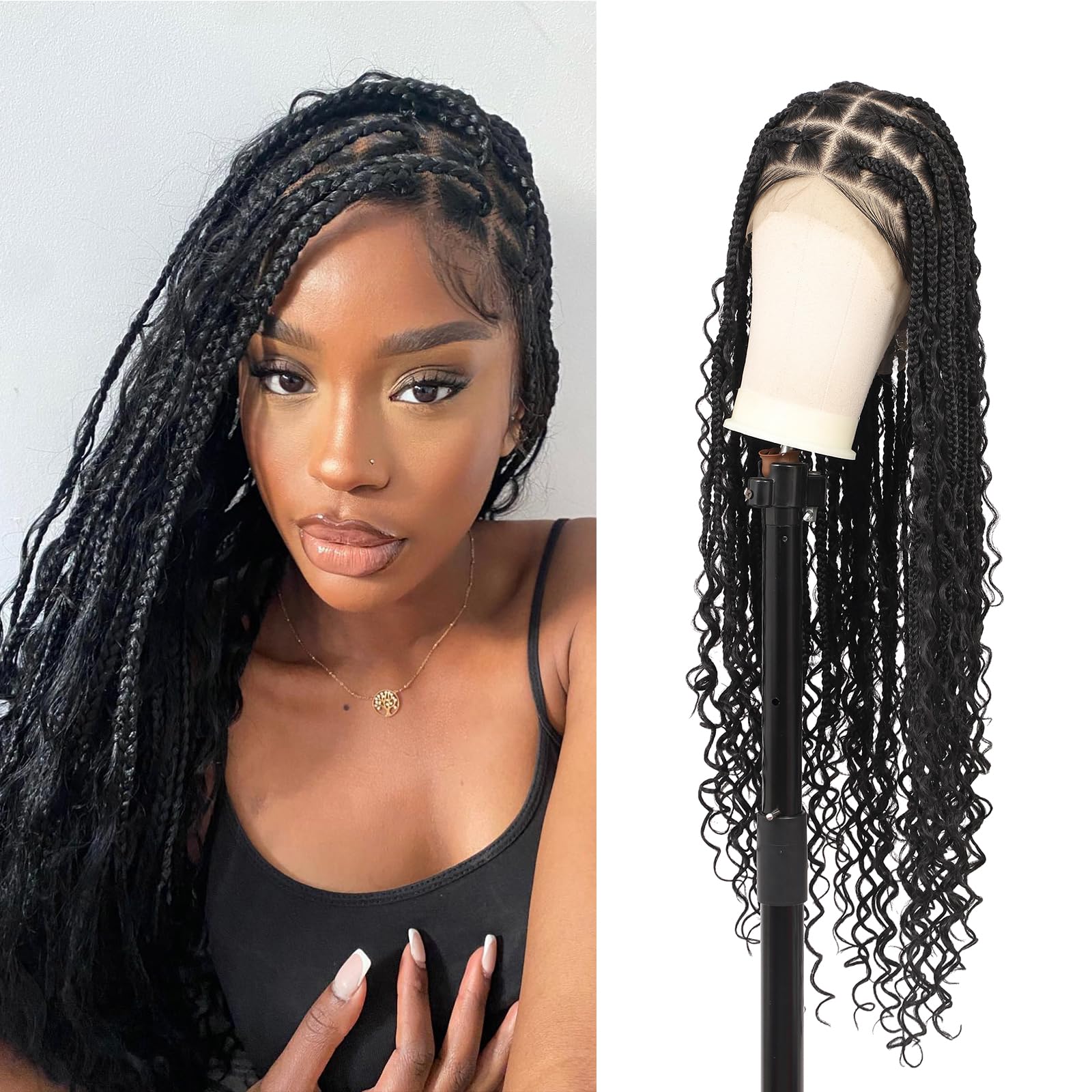 Kalyss 360 HD Full Lace Boho Braided Wigs for Women Box Braid Wig with Curly Ends Knotless Braided Wigs with Baby Hair Human Hai