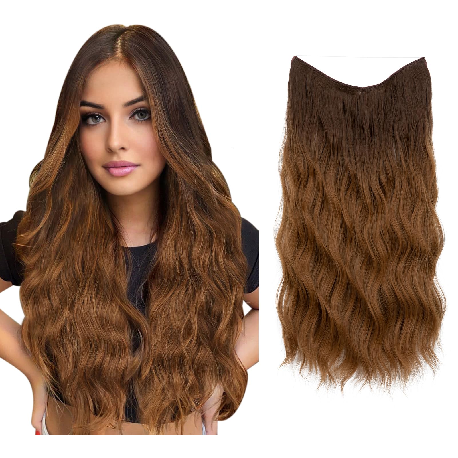 SARLA Ombre Invisible Wire Hair Extension with 3 Clips Synthetic Long Beach Wave Hairpiece Transparent Adjustable Headband for W