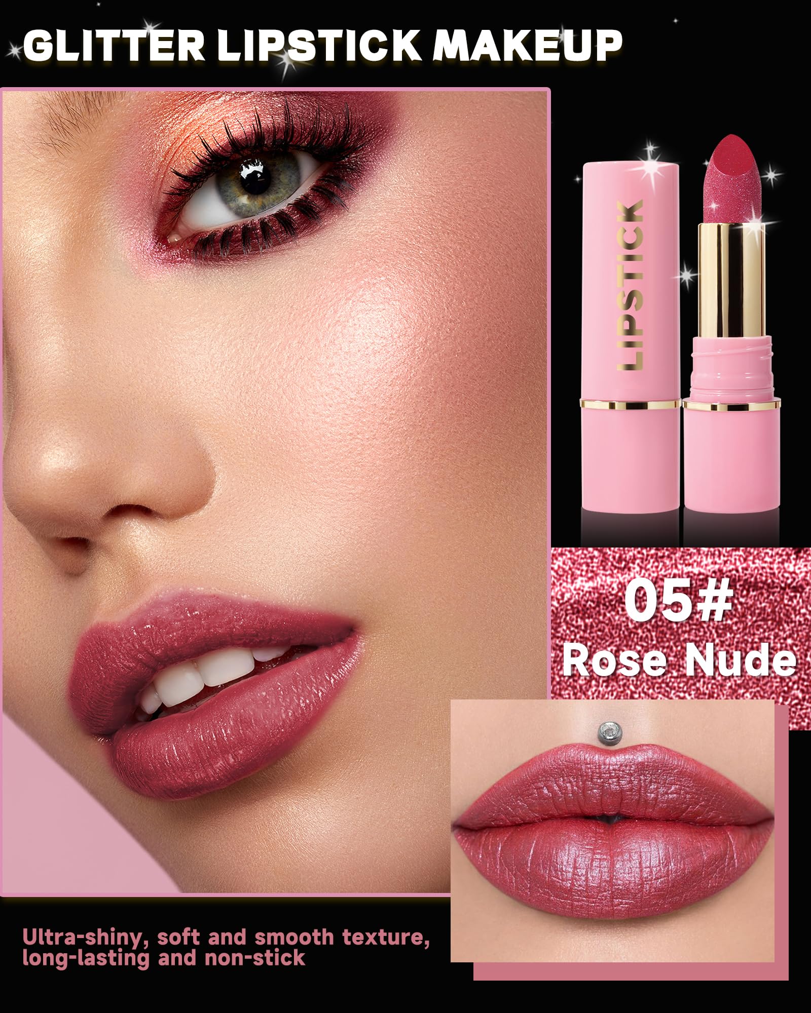 Diamond Glitter Matte Lipstick,Rose Red Metallic Shimmer Lip Gloss Lip Tint Stain,Longlasting Waterproof Non-Stick Lip Color,Ful