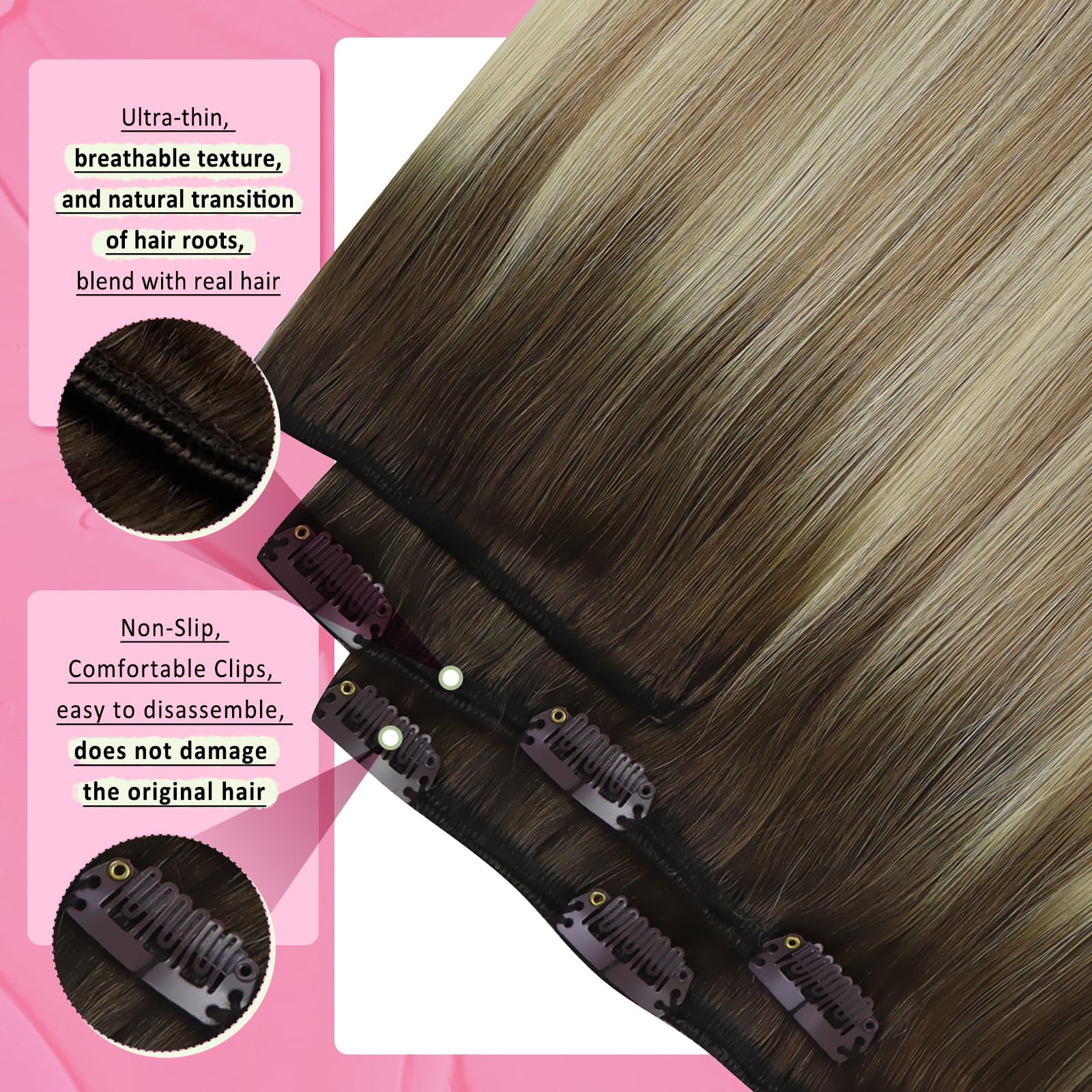 YoungSee Clip on Extensions Brown Ombre Clip in Hair Extensions Dark Brown Ombre Light Brown with Blonde Hair Extensions 12Inch