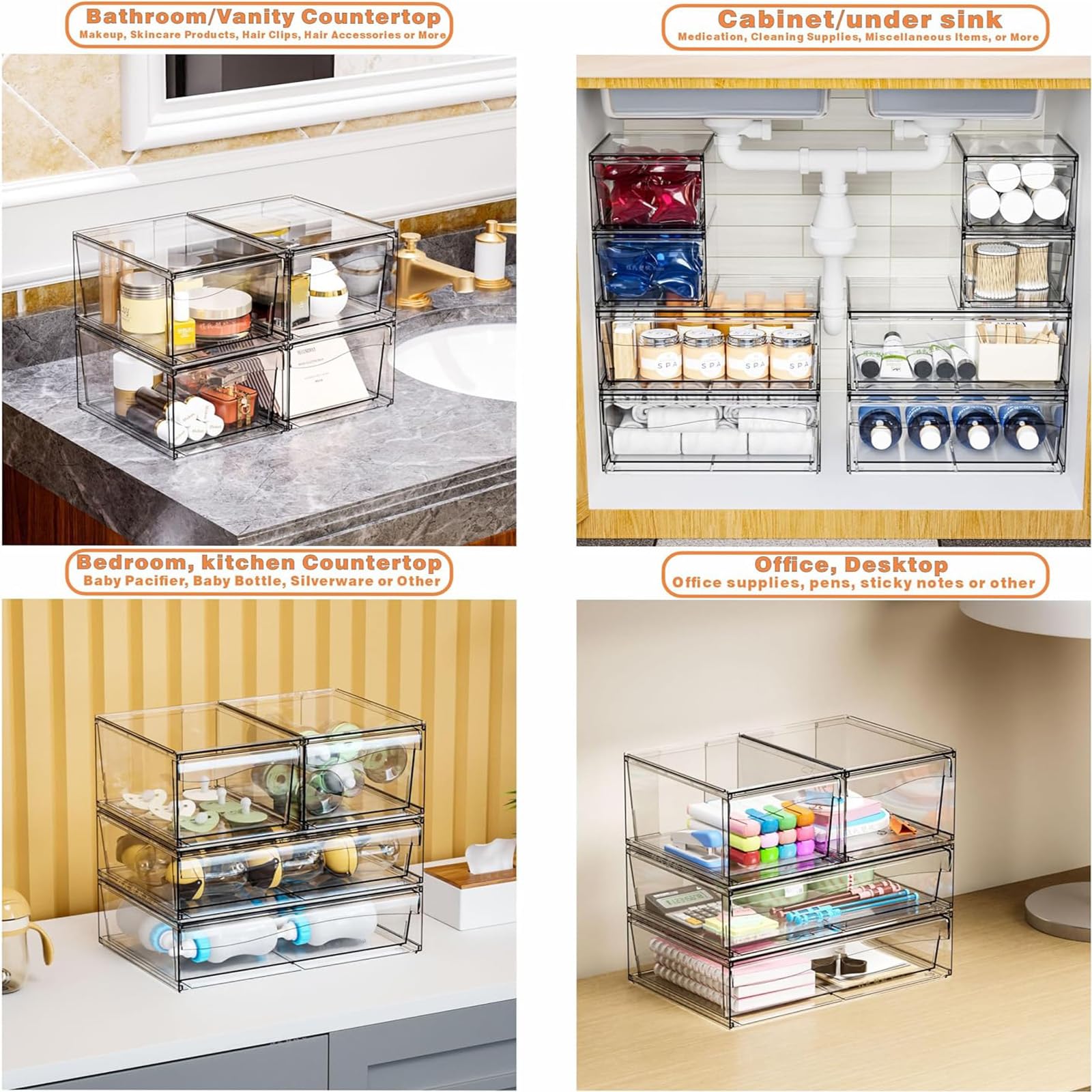 6 Pack Clear Stackable Storage Drawers,12 W Large Bathroom Makeup Organizer and Pen,Sunglass,Medicine,Baby Bottle Organizer,Plas