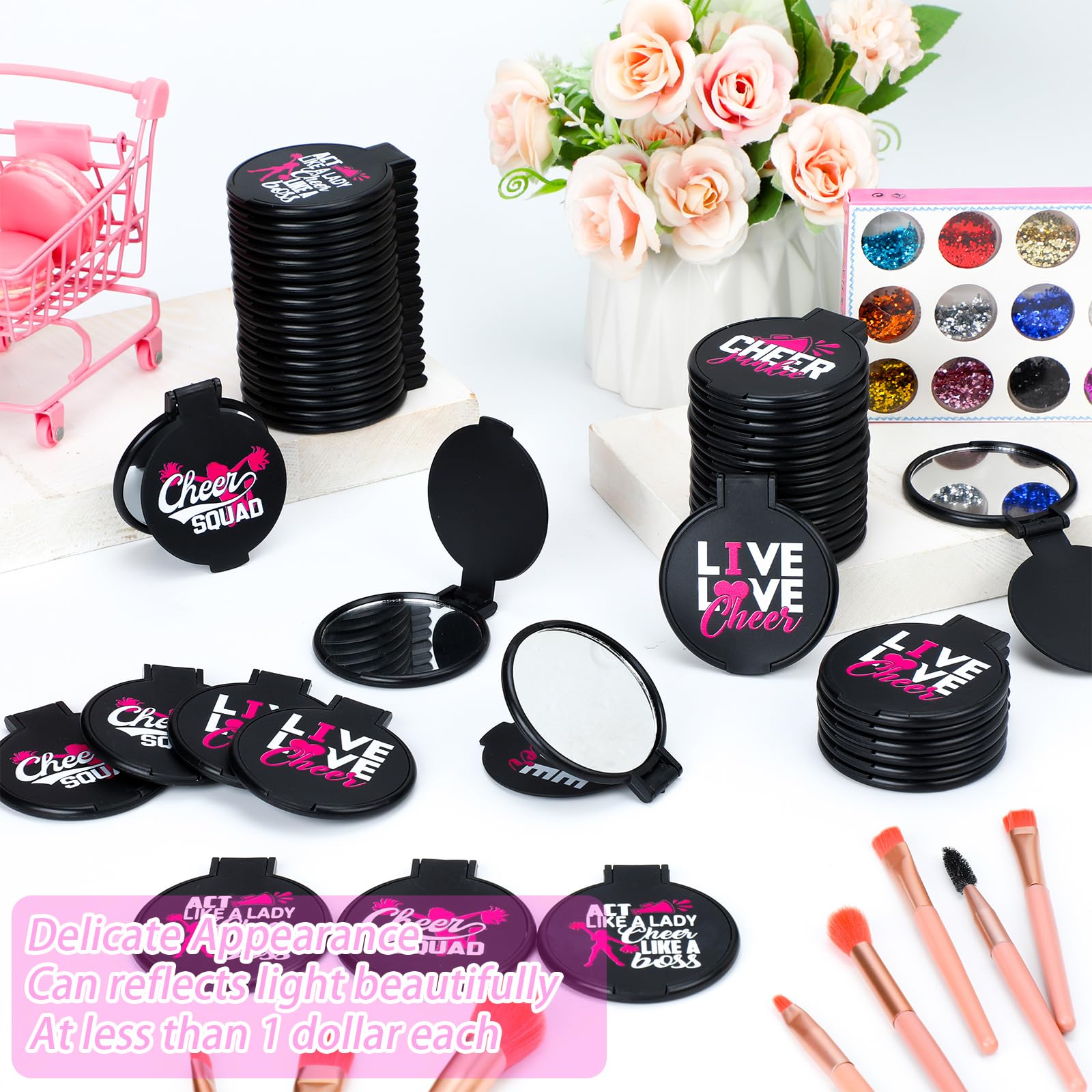 Wenqik 50 Pcs Cheerleader Mirror Gifts Cheerleading Compact Mirror Bulk Folding Pocket Mirror Cheer Party Favors For Team(Black