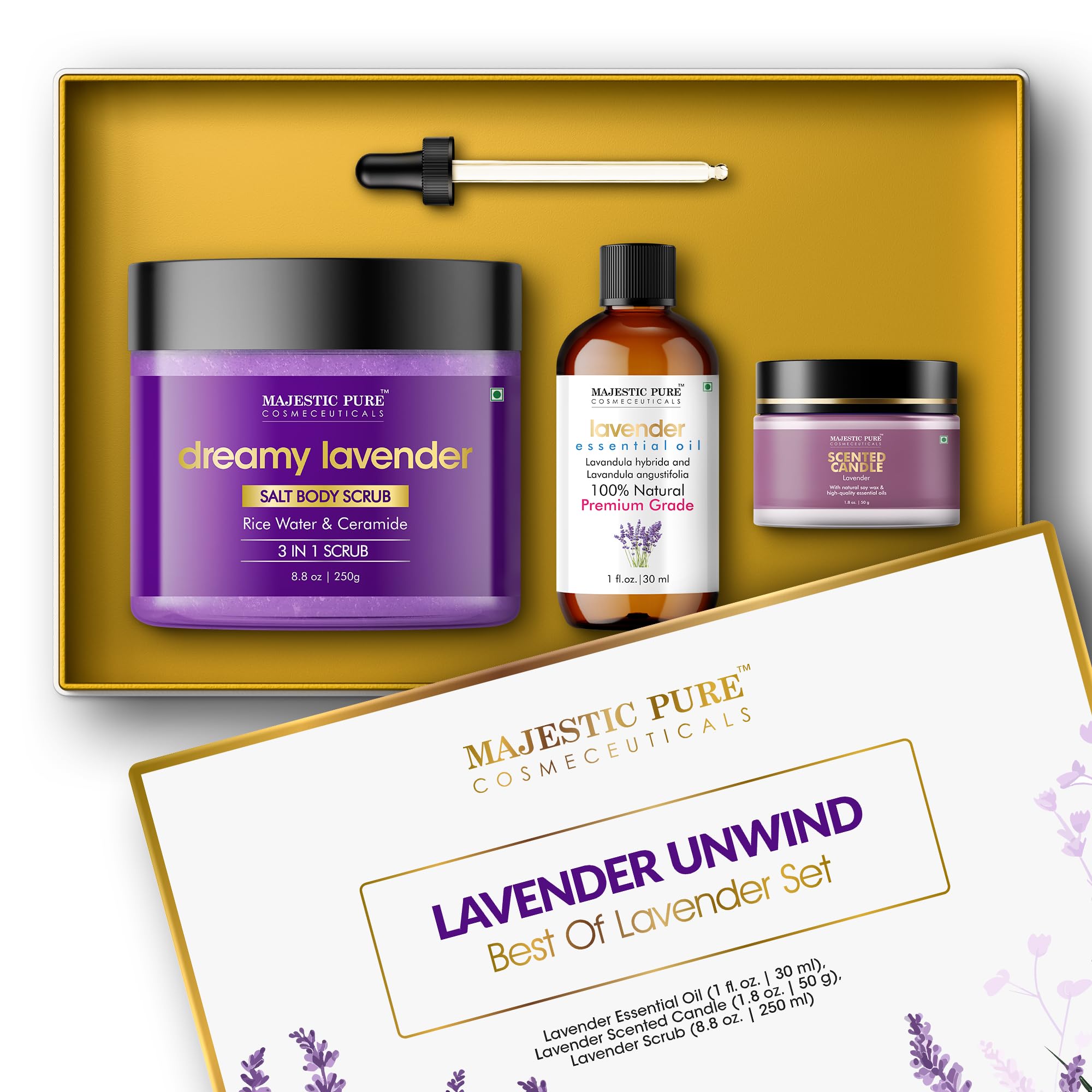 Majestic Pure Lavender Essential Oil & Body Scrub Set  Pack of 3