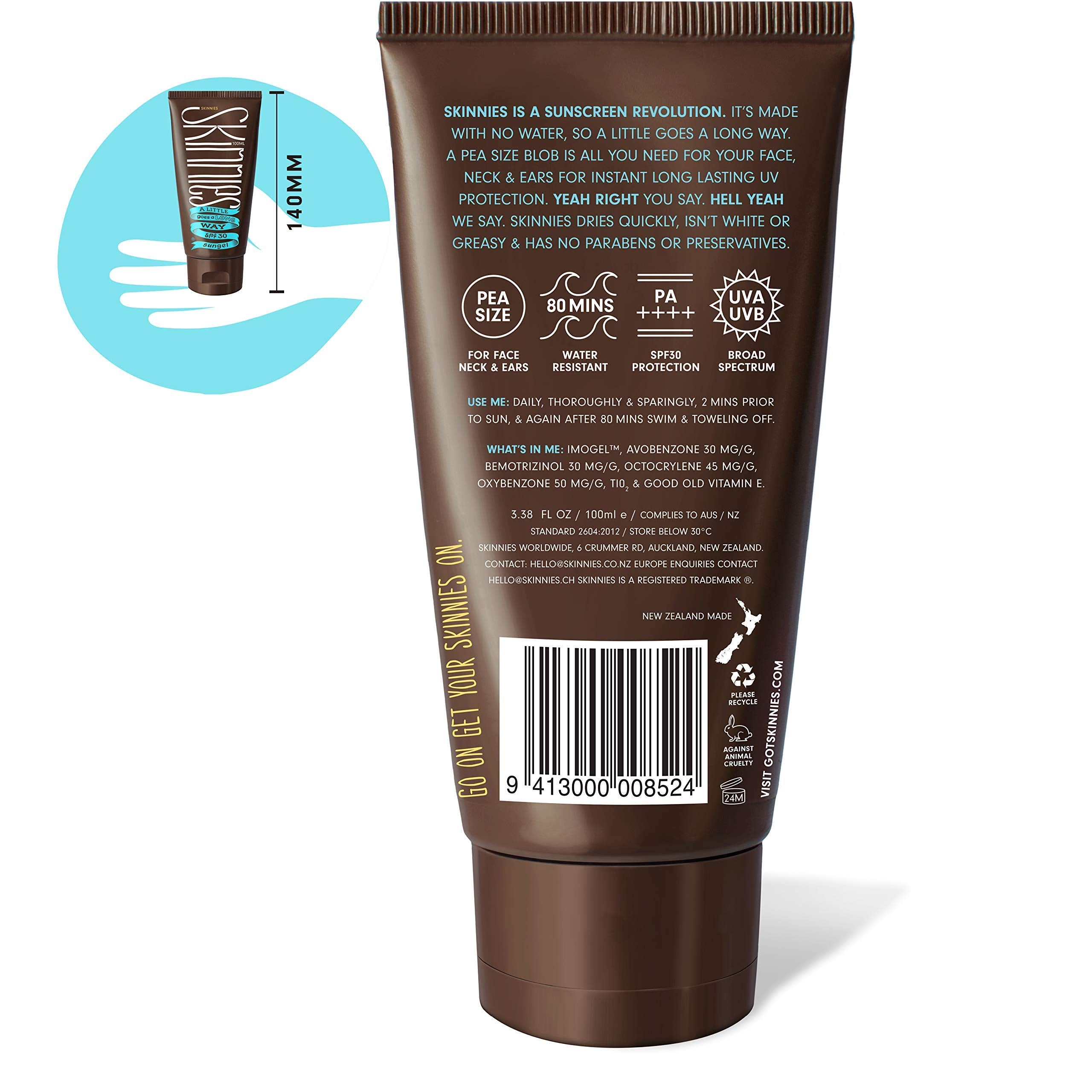 Skinnies Sungel Spf30 Eco Sunscreen, 3.4Oz Uva Uvb, Not Diluted With Water, Reef Safe, Vegan, Use Pea Size Blob