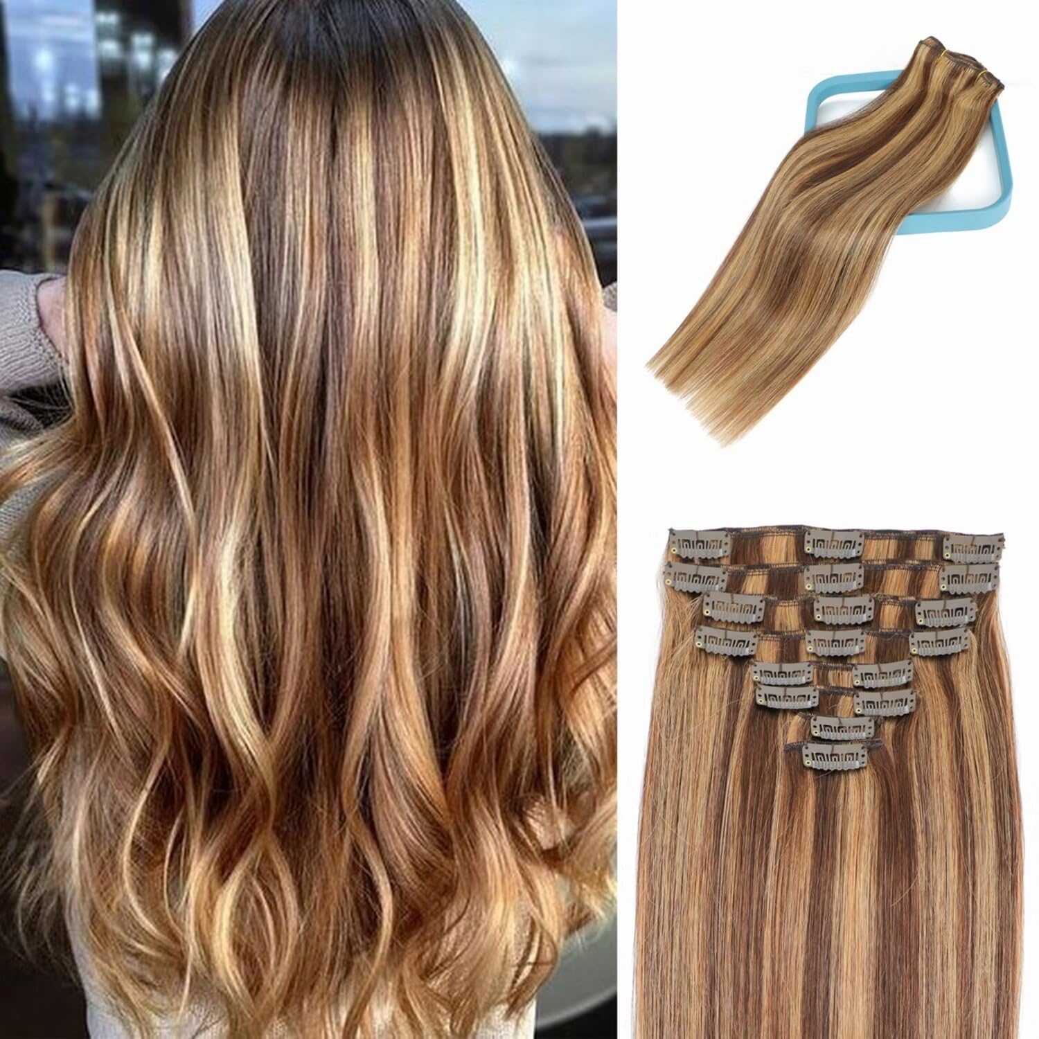 LORIEN Clip in Hair Extensions Real Human Hair, 20 Inch 105g,4/27 Chocolate Brown to Caramel Blonde, Clip in 100% Brazilian Remy