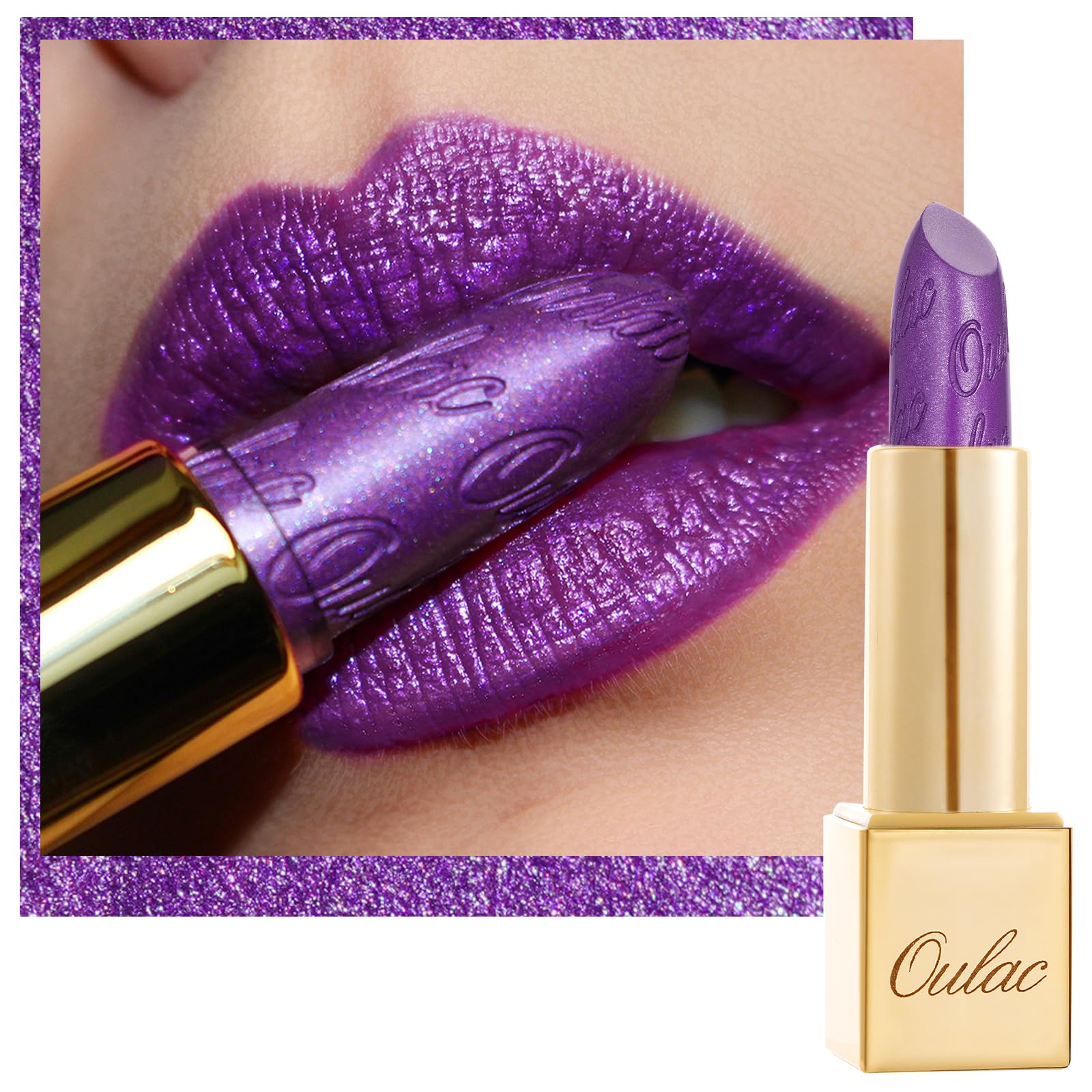 Oulac Purple Lipstick for Women with Metallic 3D Shine Lightweight Hydrating Formula, High Impact Lip Color, Vegan Beauty, Full 