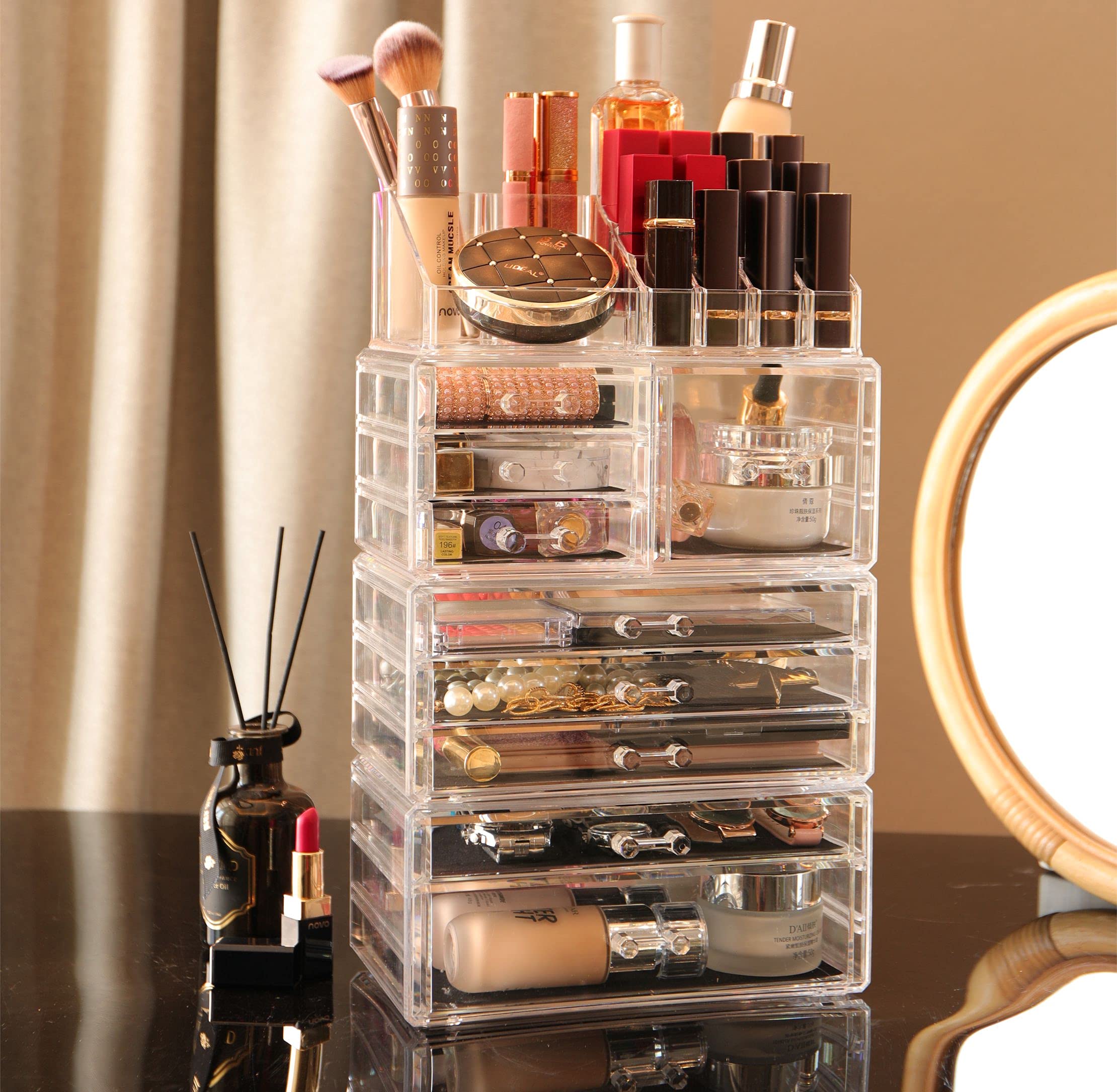 Cq acrylic 4 Pack Clear Make up Organizer Countertop,Stackable 9 Drawers Makeup Storage,Cute Vanity Organizers for dresser Hair