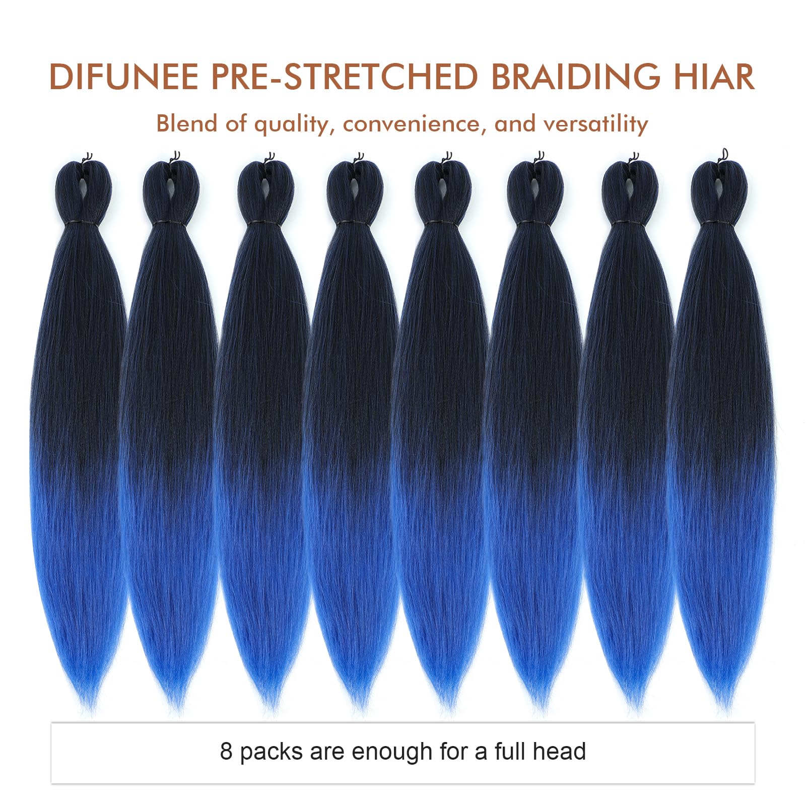 Difunee Pre-Stretched Braiding Hair - 20 Inch 8 Packs Ombre Blue Long Braiding Hair For Twist Or Box Braids, Yaki Texture Hot Wa