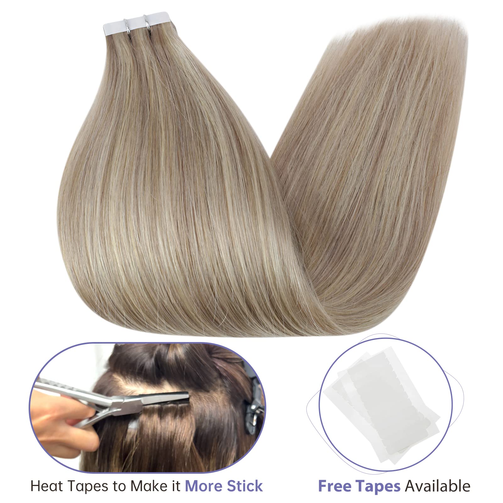 Full Shine Tape In Hair Extensions Human Hair 18Inch Blonde Hair Extensions Remy Hair Ash Blonde Hair Extensions Highlight With